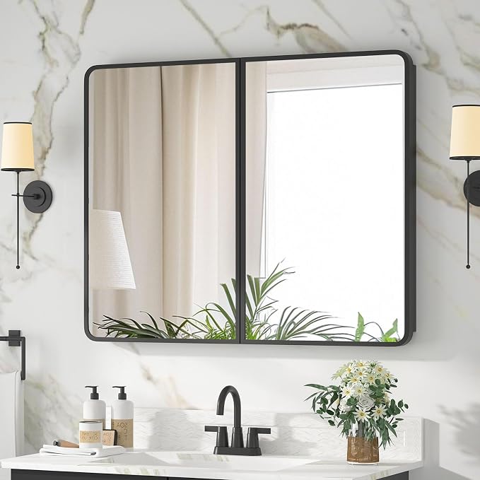Botiquín de baño con espejo 24x30 pulgadas negro miniatura 9