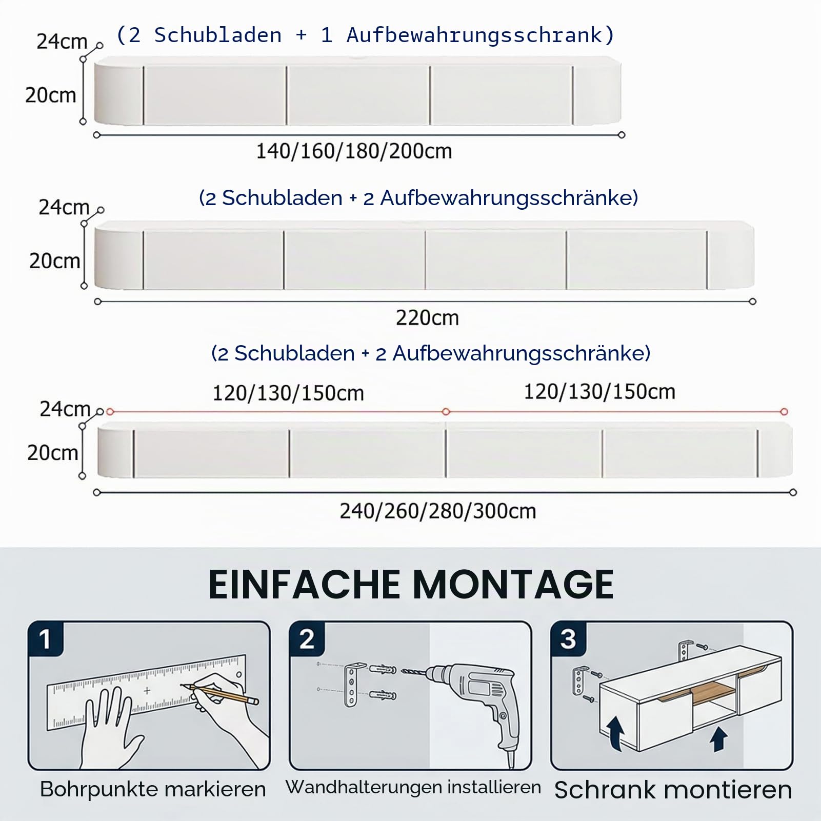 Schwebende TV Schrank 140cm Weiß, TV Lowboard Hängend mit 2 Schubladen & 1 Klappen Türen, TV Board Hängend mit Kabelmanagement, Hänge Sideboard für Wohnzimmer und Esszimmer
