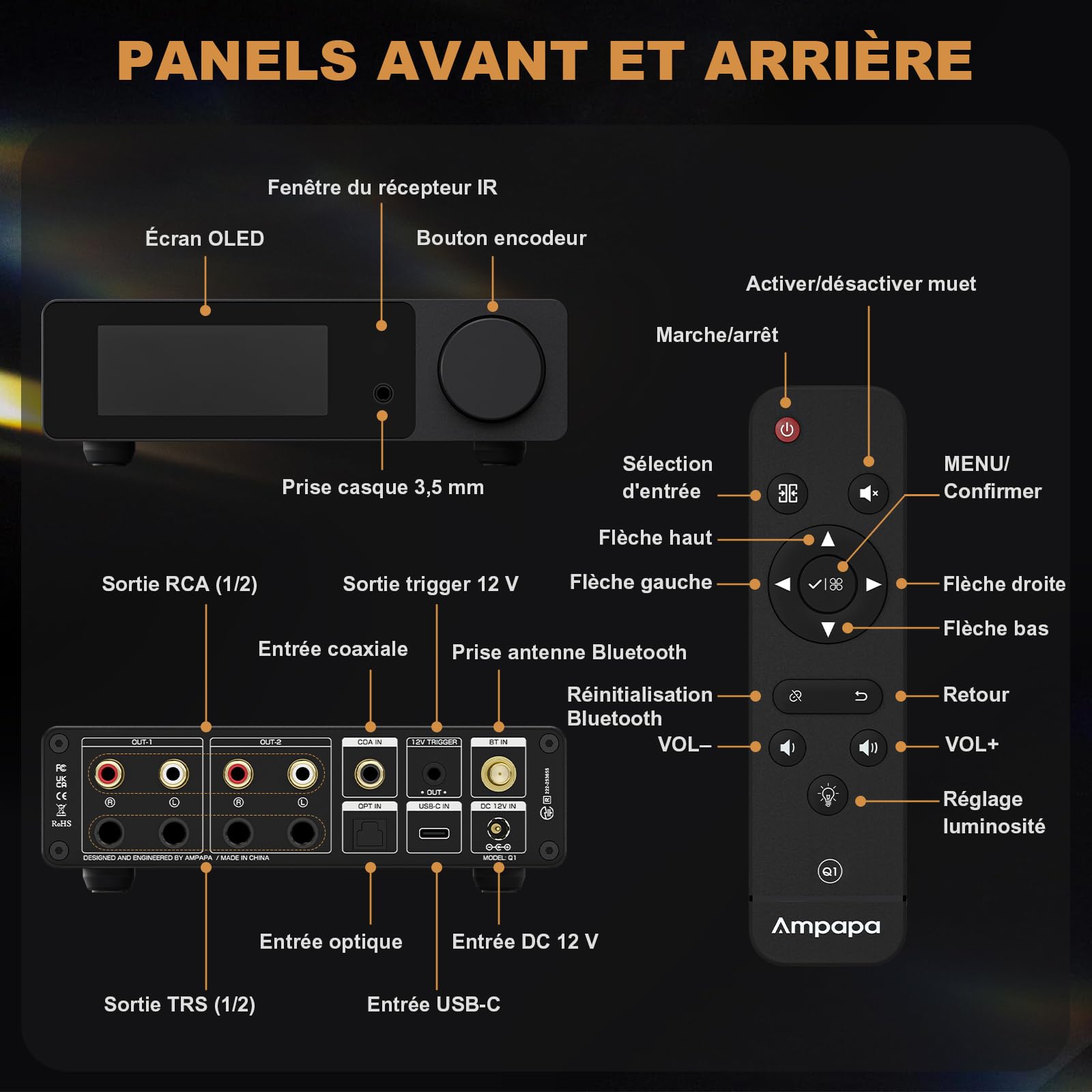 Convertisseur Numérique-Analogique Ampapa Q1: Adaptateur DAC USB HiFi 768kHz/32bit DSD512, Ampli Casque Bluetooth APTX-HD avec ESS9039+AK4493 pour Amplificateurs Stéréo Domestiques et Écoute de Bureau