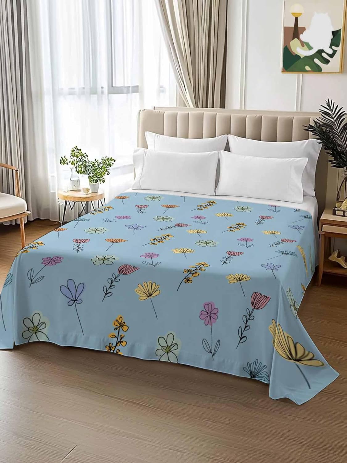 Top Sheet Full Bedding Flat Sheet Only, Summer Flower on Blue Microfiber Bed Sheets Soft Breathable Bedding Flat Sheets, Colorful Floral Plant Seamless Hotel Luxury Top Sheets