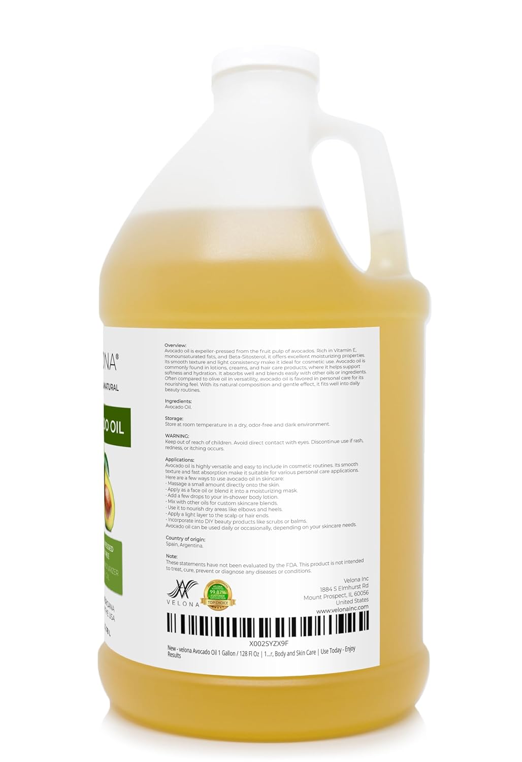 velona Avocado Oil 1 Gallon / 128 Fl Oz | 100% Pure and Natural Carrier Oil | Expeller-Pressed | Hair, Body and Skin Care | Use Today - Enjoy Results