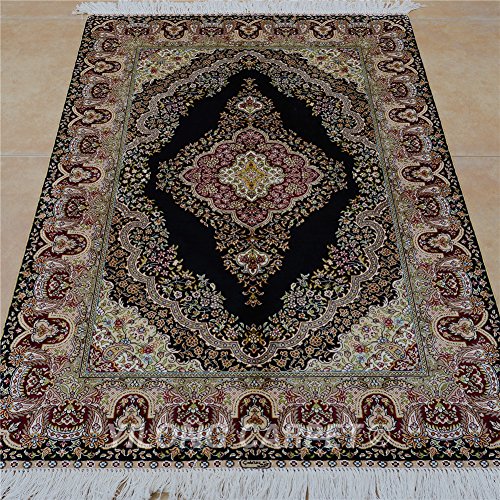 Yilong 3'X4.5' Handmade Kashmir Silk Rug Oriental Traditional Hand Knotted Home Carpet (3 Feet By 4.5 Feet, Black) 0610 #TOP2