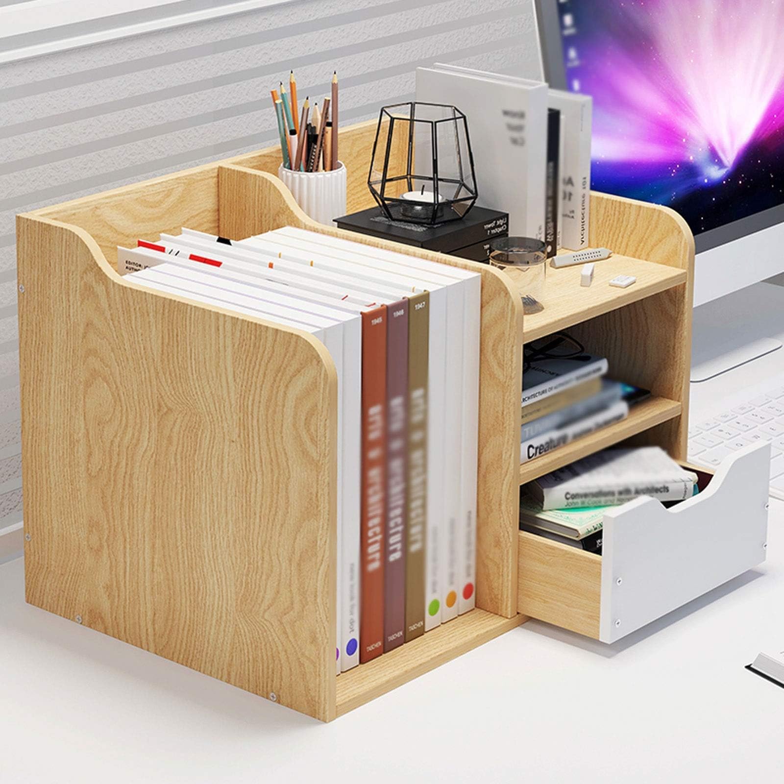 Bibliothèque de bureau avec tiroir, étagère de rangement moderne pour bureau et chambre à coucher, organisateur peu encombrant pour livres et présentoirs