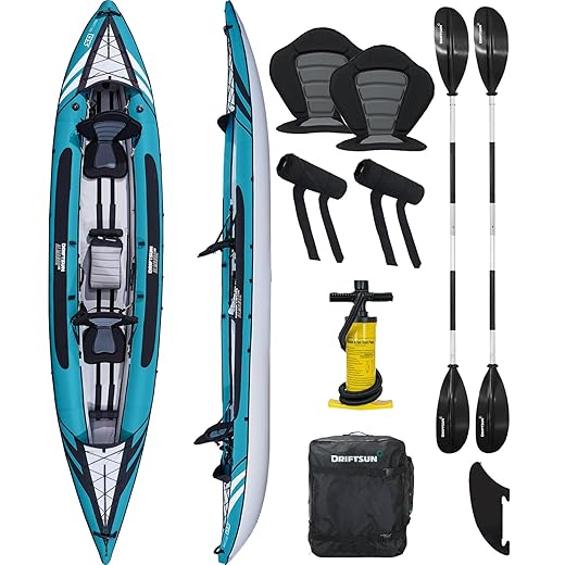 Driftsun Almanor 146 Two Adult Plus one Child Inflatable Recreational Touring Kayak with EVA Padded Seats with High Back Support, Includes Paddles, Pump, Child Seat