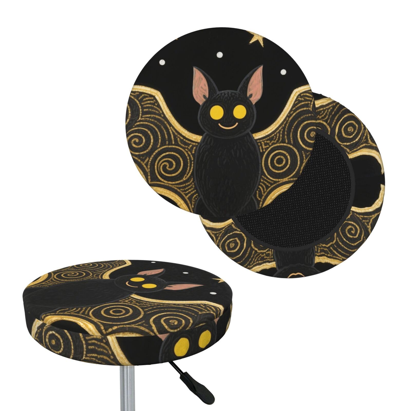 FekiLoot Black Gloden Bat Round Bar Stool Covers Stretch Washable Bar Stool Covers Dustproof Slipcover Bar Chair Covers with Elastic Band for Bar Kitchen Living Room Decor 14 Inch