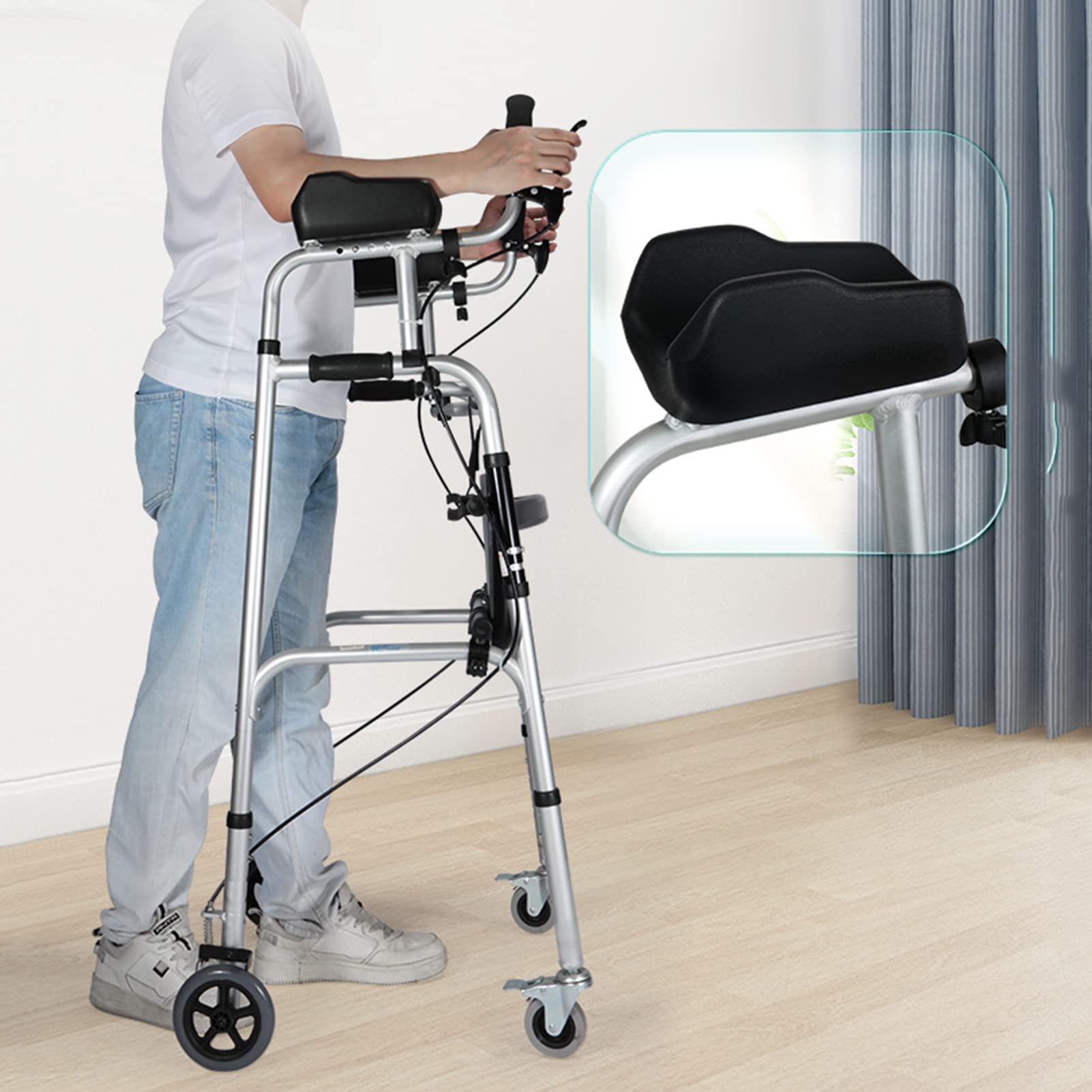HMTE Andador de antebrazo Andador para Ancianos Aleación de Aluminio Ligero y Plegable Altura Ajustable con Freno de Mano y Asiento Uso en Interiores y Exteriores