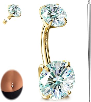 GEMQUEEN Moissanite & G23 TItanium Belly Button Ring 18K Gold Plated Hypoallergenic Internally Threaded Belly Rings 14G Navel Piercing Jewelry For Women Men D Color VVS1 Clarity Brilliant Cut