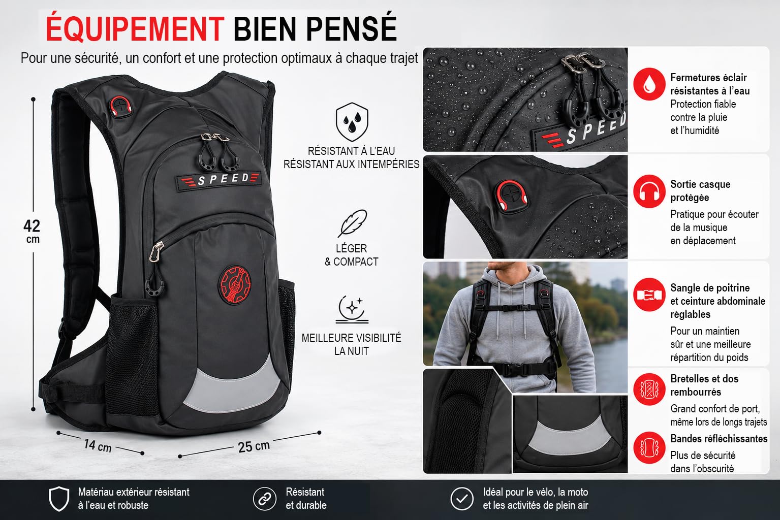 BAG STREET Sac à dos étanche pour moto, motard, vélo, sport, extérieur, noir mat