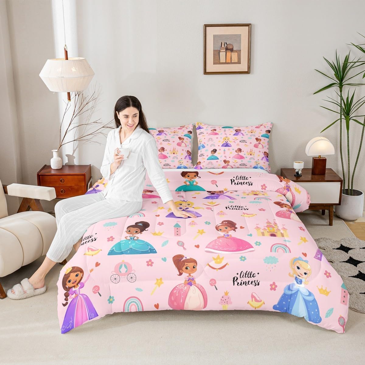 Erosebridal Kids Magical Princess Full Size Comforter Set, Girly Cute Castle Microfiber Bed Set for Bedroom, Cartoon Rainbow Breathable Quilt Set for Kids Girls, Pink Princess Down Comforter Pink Full image 3 of 9 B0FBRVXZX3