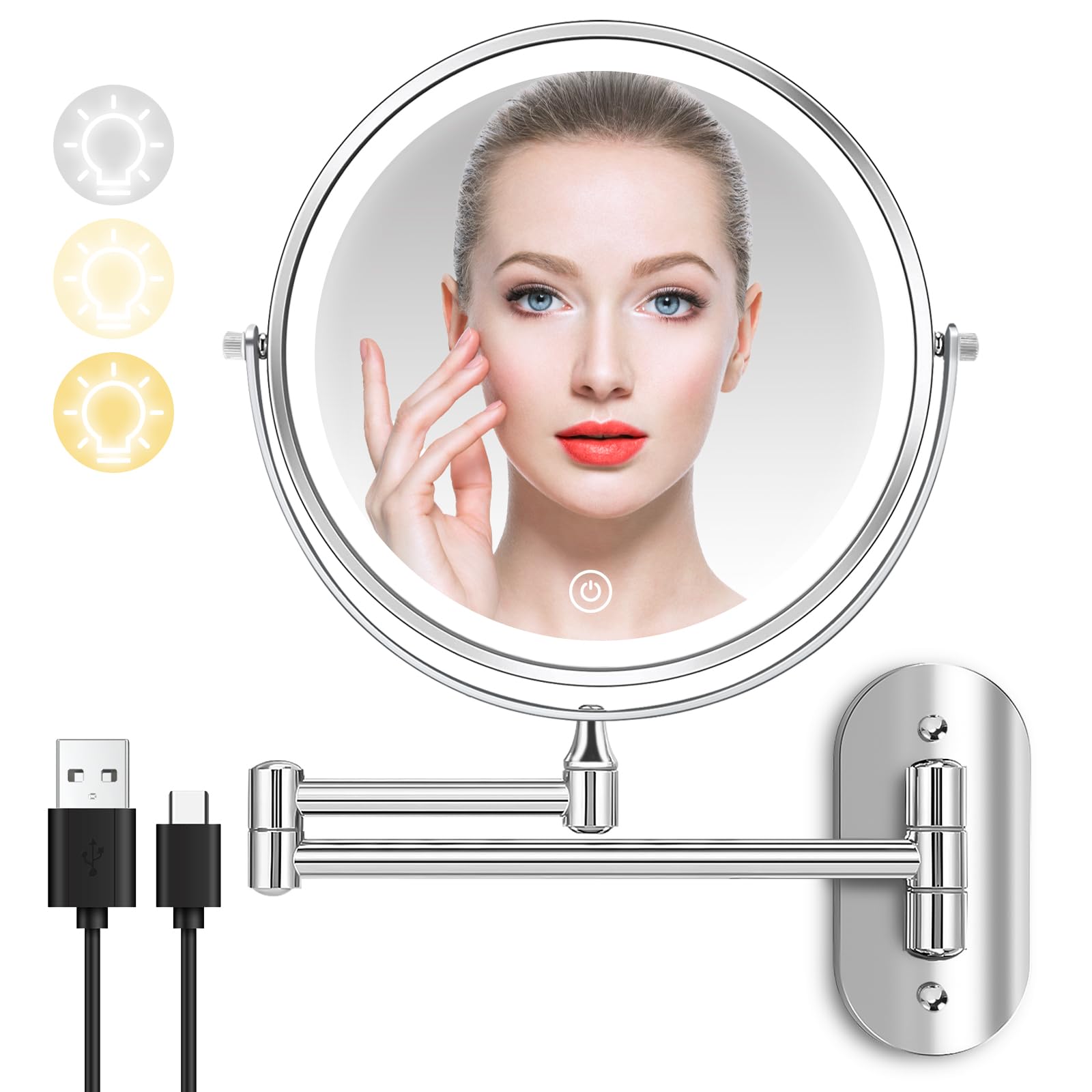 Kirkcaldy Wall Mounted Lighted Makeup Vanity Mirror, 1X/10X Magnifying