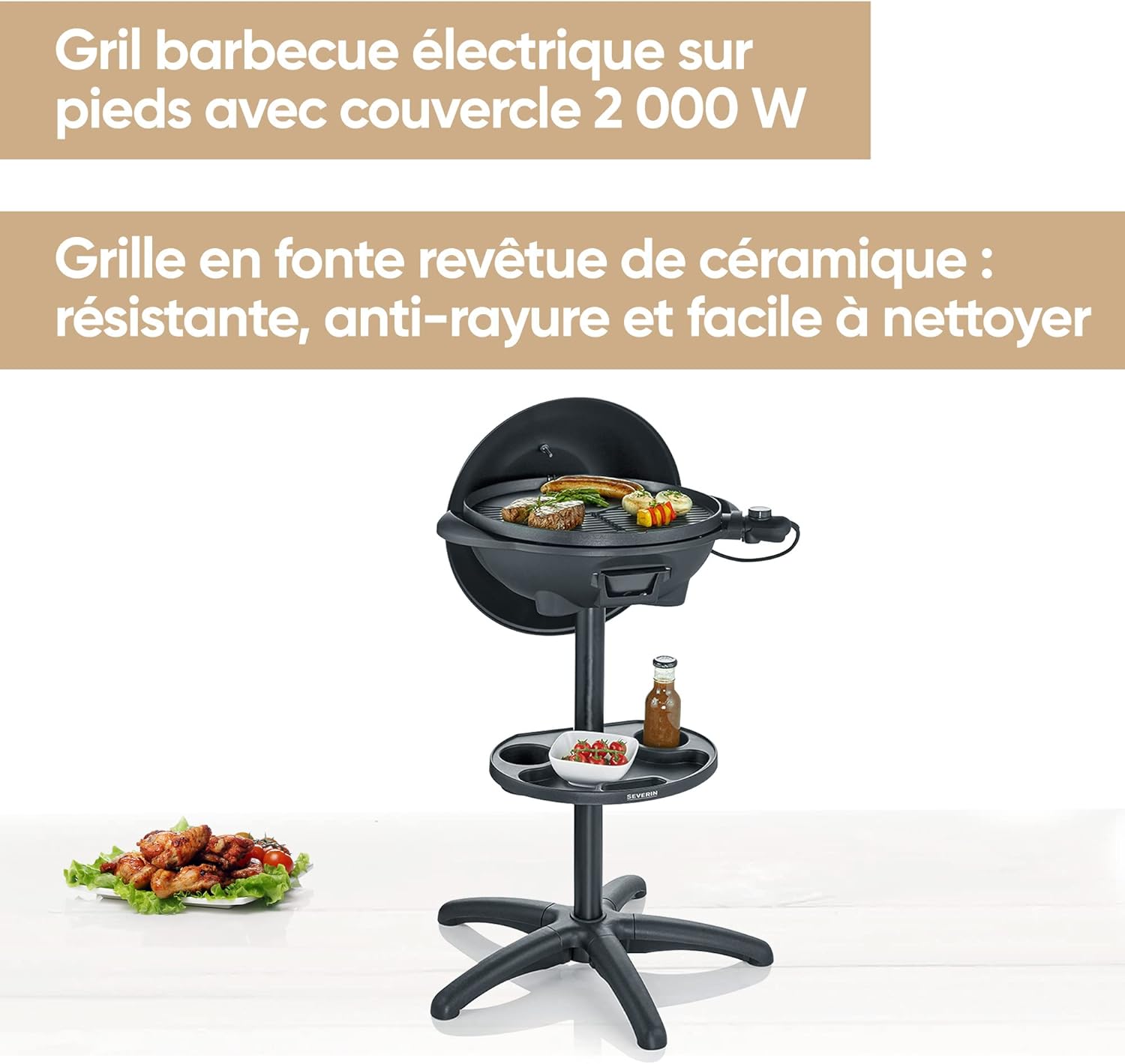 SEVERIN Electric Barbecue with food cooking on the ceramic-coated grill plate