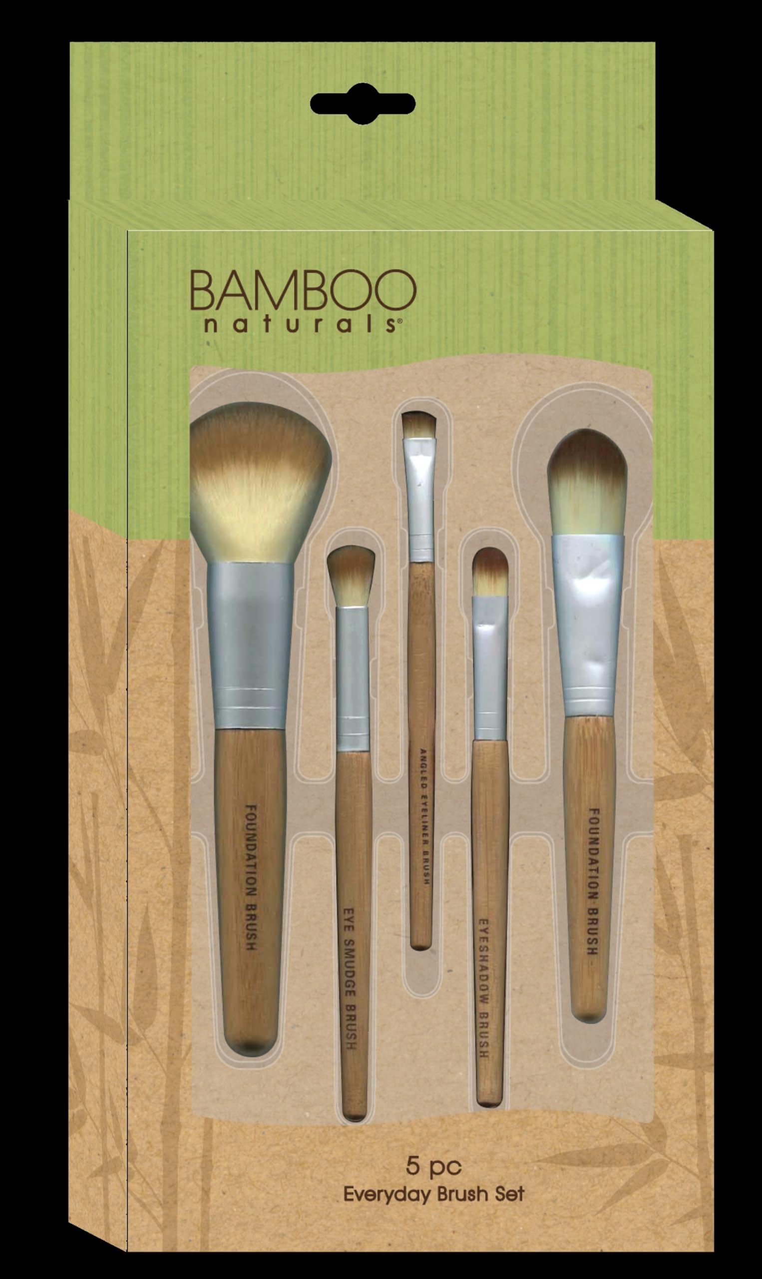 Bamboo Naturals 5-Piece Makeup Brush Set, Wooden Bamboo Handles, Includes Brushes for Powder Foundation, Liquid Foundation, Eyeshadow, Smudge, and Angled Eyeliner, Easy to Clean