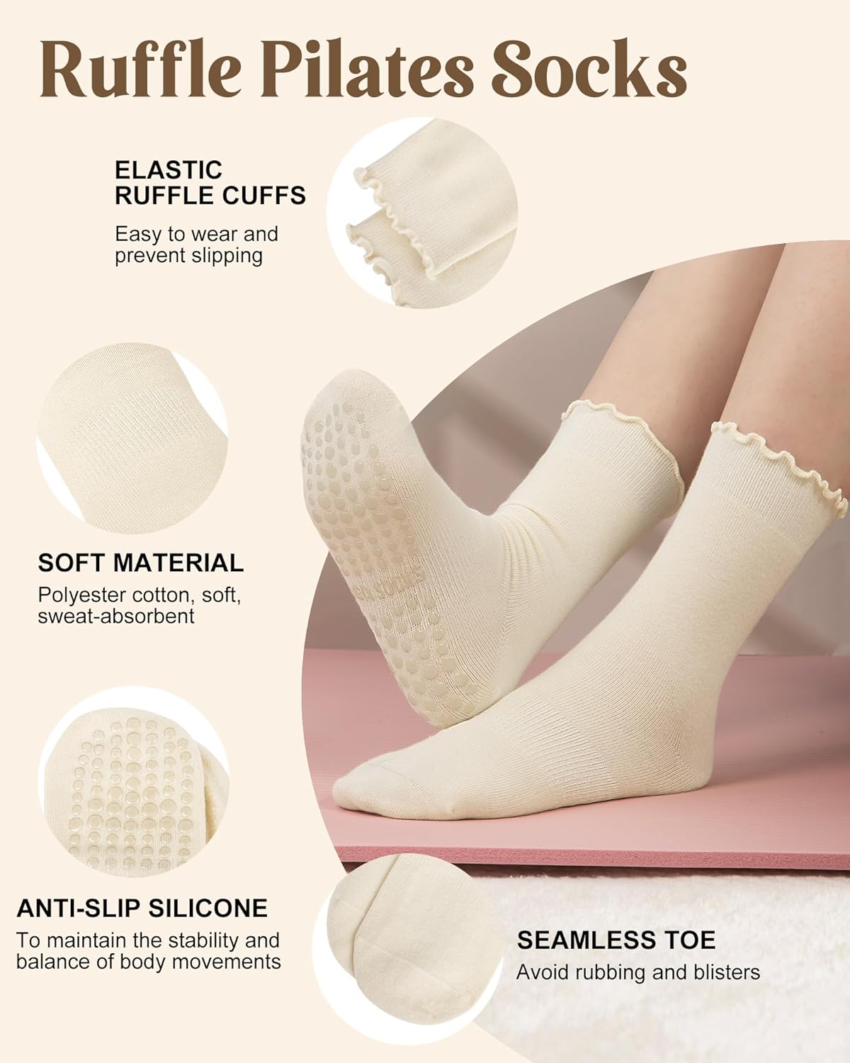 5 Pairs Pilates Yoga Socks with Grips for Women, Cute Cotton Ruffle Frilly Cuff Non Slip Grippy Athletic Crew Socks - Image 3