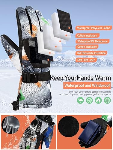 Miniatura 4 de FIORETTO Guantes de esquí impermeables para nieve, esquí, invierno, cálidos, snowboard, Thinsulate, térmicos, transpirables, guantes de snowboard