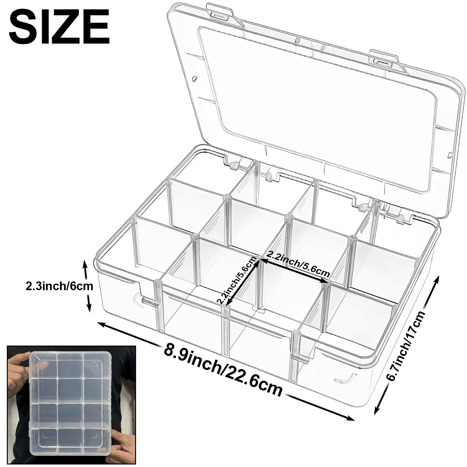 DARUITE Plastic Organiser Box, 12 Grids Tackle Box with Adjustable Dividers, Perfect for Bead Small Parts, Sewing Supplies - Image 2