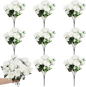 8 Bundles White Peonies Artificial Flowers, White Fake Peonies Silk Flowers with Stems Bulk Bouquet Reusable Realistic for Vase Floral Arrangements Wedding Table Decoration