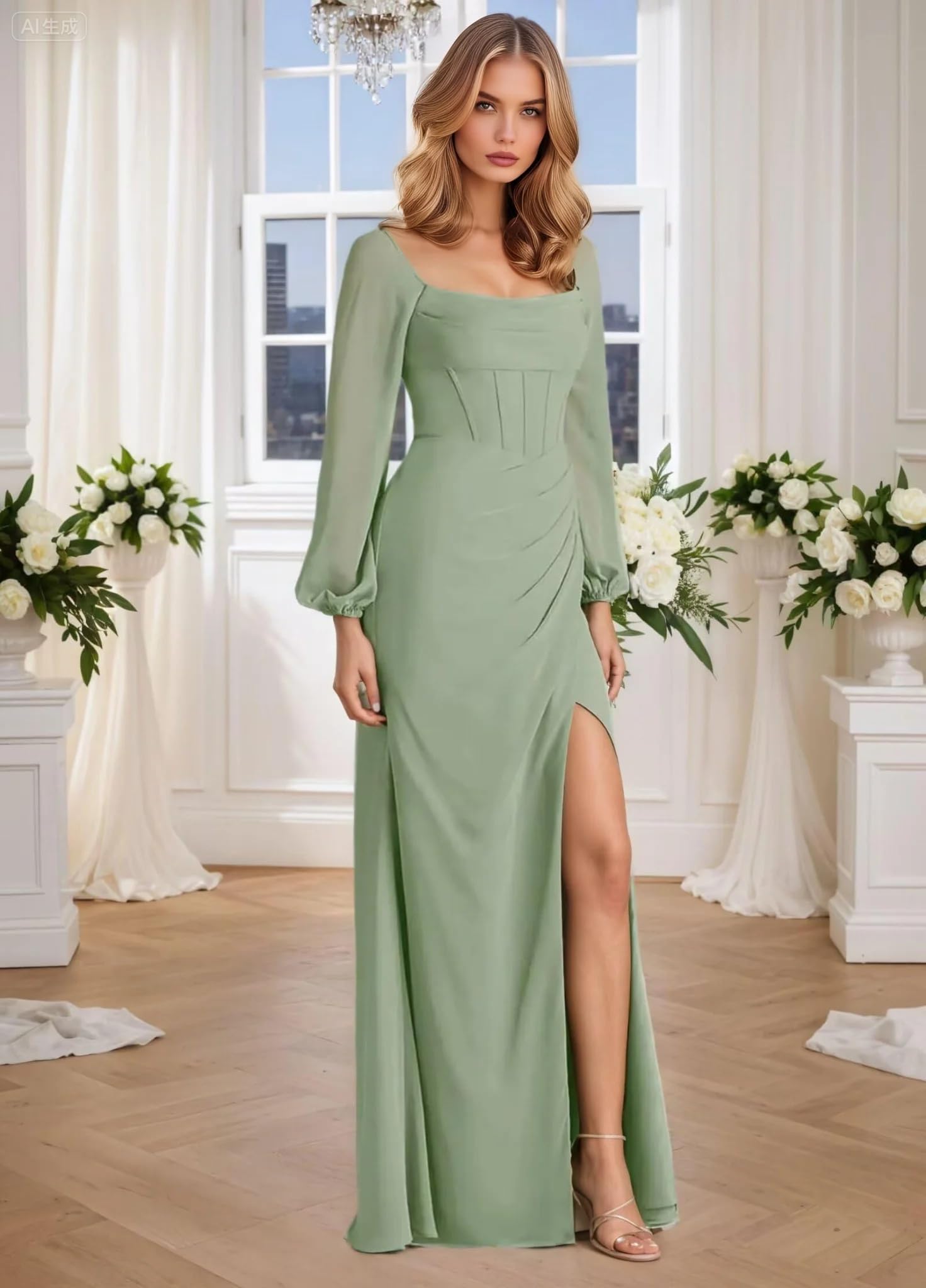 Damen Chiffon Brautjungfernkleid Langarm Quadratischer Drapierter Ausschnitt Ballonärmel Maxi Festkleid Mit Schlitz Für Hochzeit