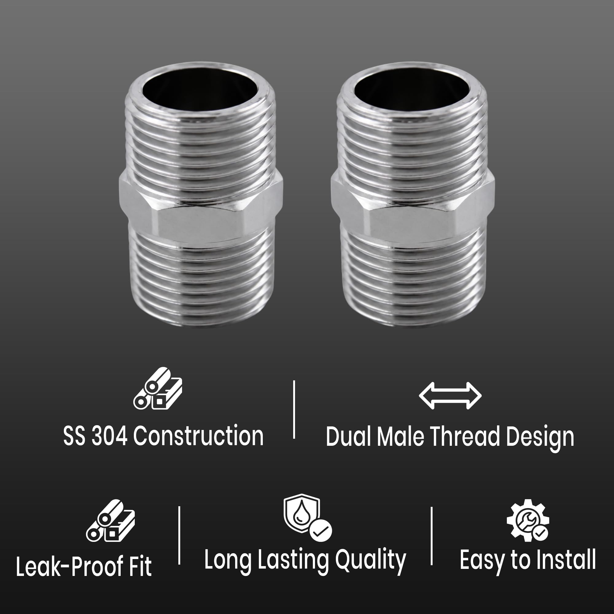NEW WARE® CP Hex Nipple 1/2 Inch x 1/2 Inch | Stainless Steel Male Thread Pipe Connector Fitting | Hexagonal Plumbing Nipple for Water Pipe, Faucet & Fitting Connection | Pack of 3 | Rust Resistant 1