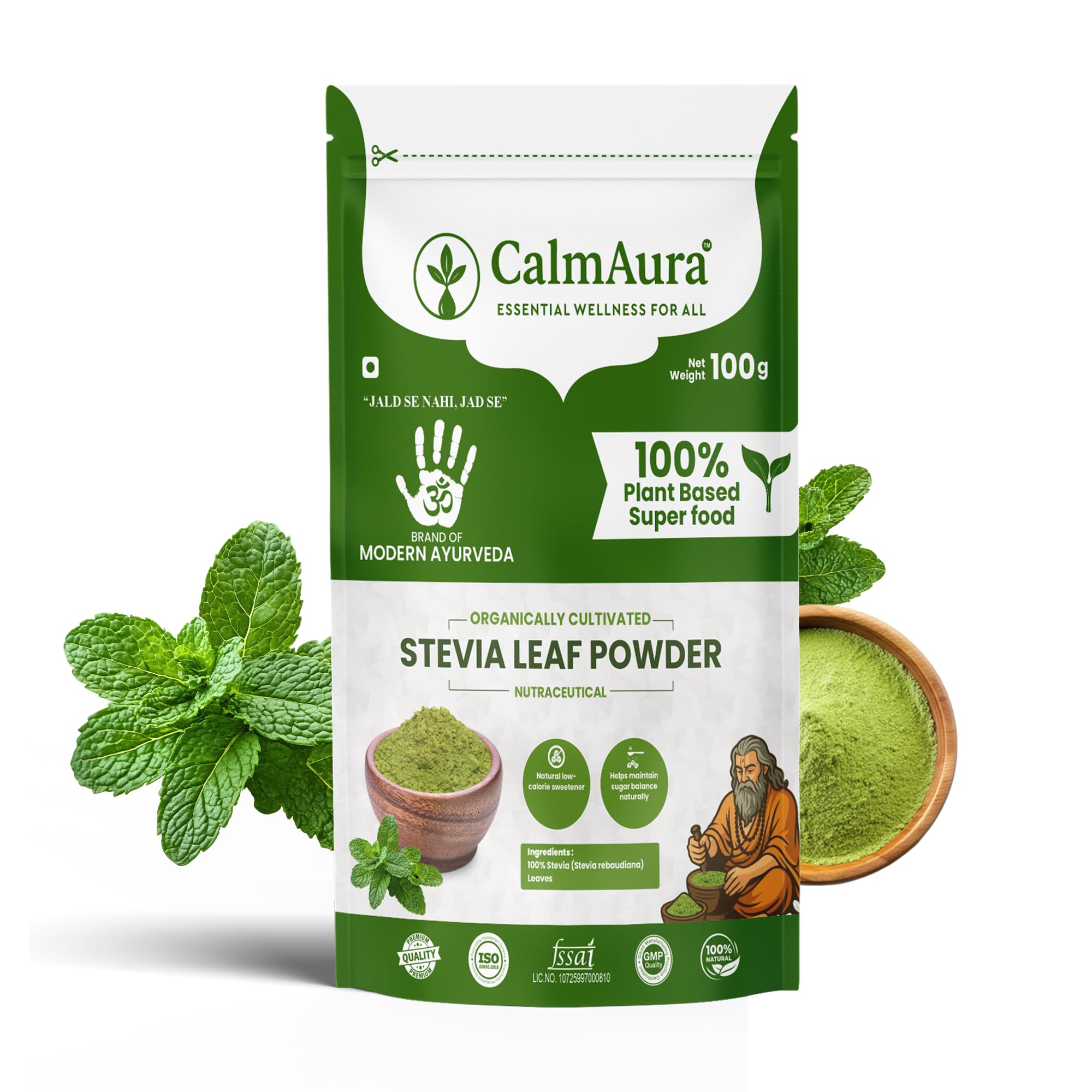 CalmAura Stevia Leaf Powder 100% Natural Zero Calorie Sweetener | Herbal Sugar Substitute for Diabetic & Weight Management | Plant Based Organic Stevia rebaudiana | Sugar Free Healthy Alternative