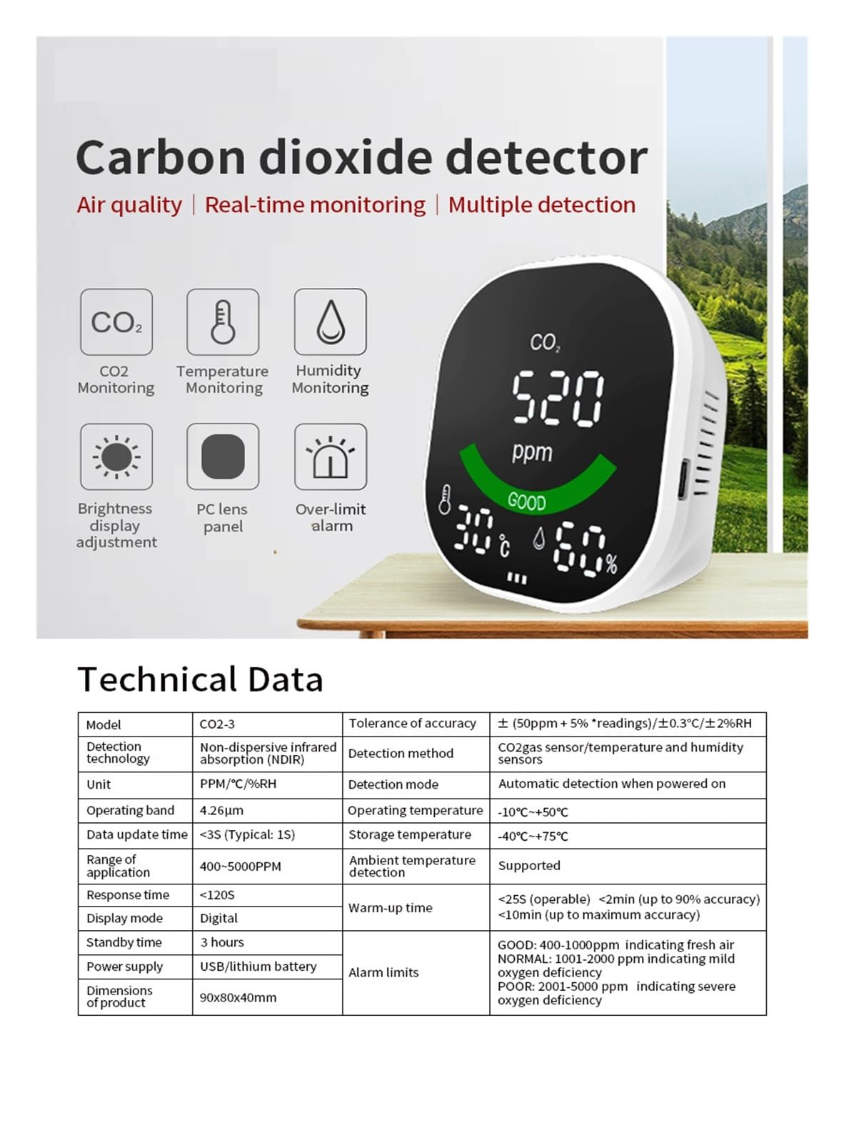 Monitor portatile della qualità dell'aria Tester di umidità temperatura Rilevatore CO2 Aule Ristoranti Per cucina e camper(White 3 in 1)