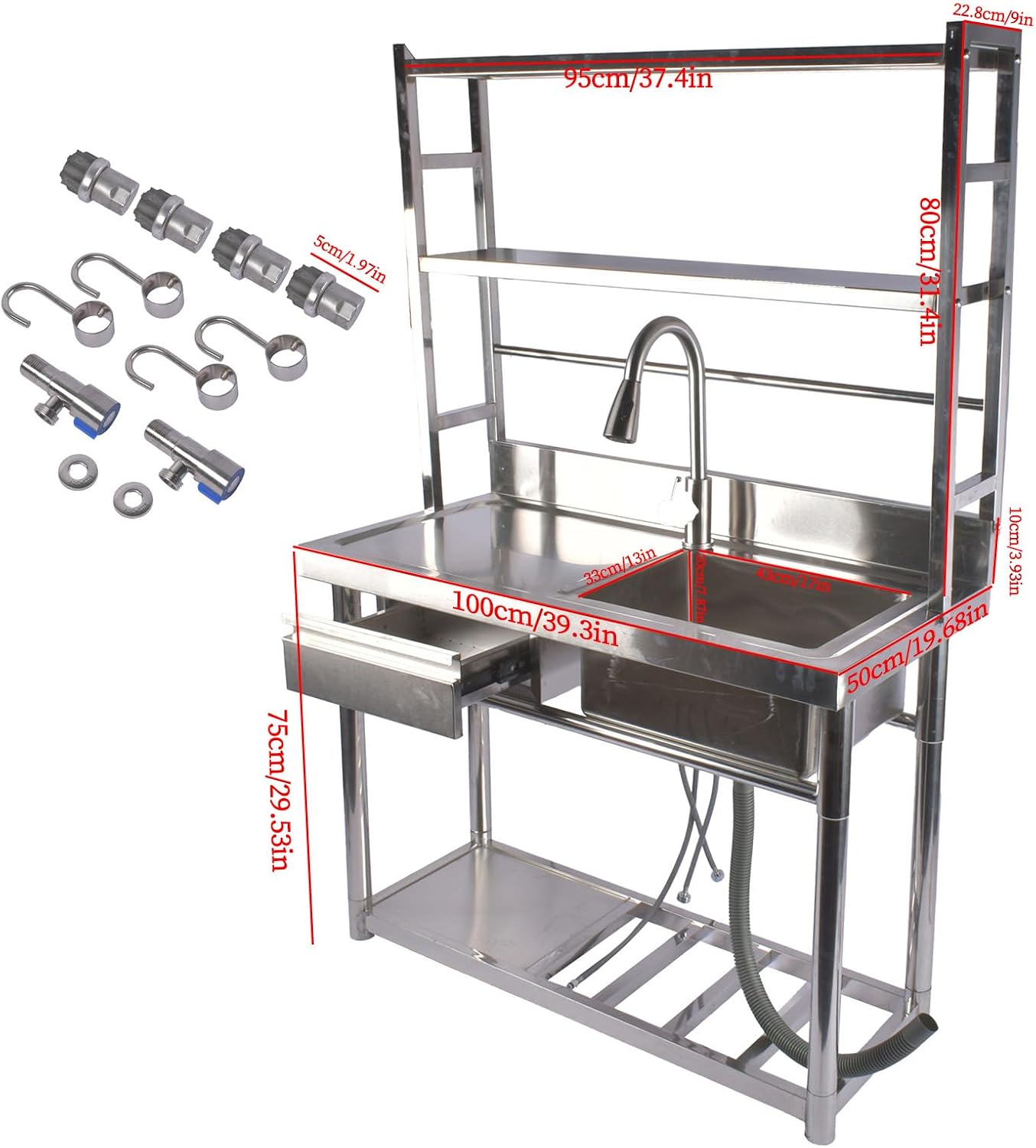 39.3'' Stainless Steel Utility Sink with Shelves & Left Drawer & Cold and Hot Water Pipes & Pull-Out Faucet & Adjustable Legs, Laundry Sink with Cabinet for Kitchen Garage Laundry Room (Right Bowl)