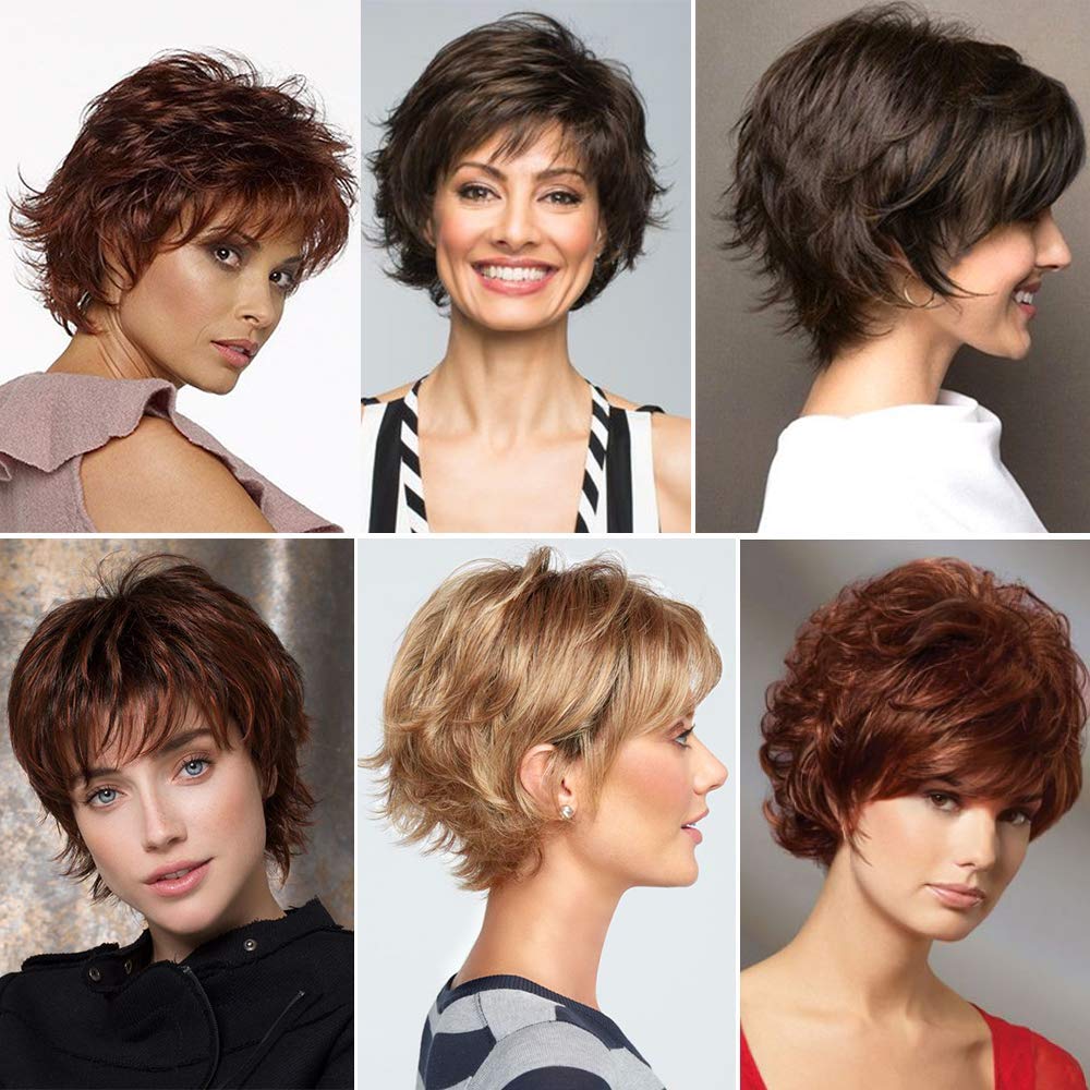 HAIRCUBE Pixie Cut Perücke Menschenhaar für Frauen Kurzes Haar mit Bangs Natürlich (Braunrot)