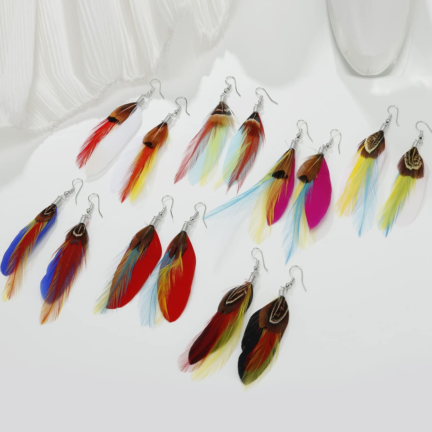 7 Pairs Women Boho Feather Earrings Colorful Faux Feather Statement Earrings Drop Dangle Earrings Set for Women(ea000073) - Image 3