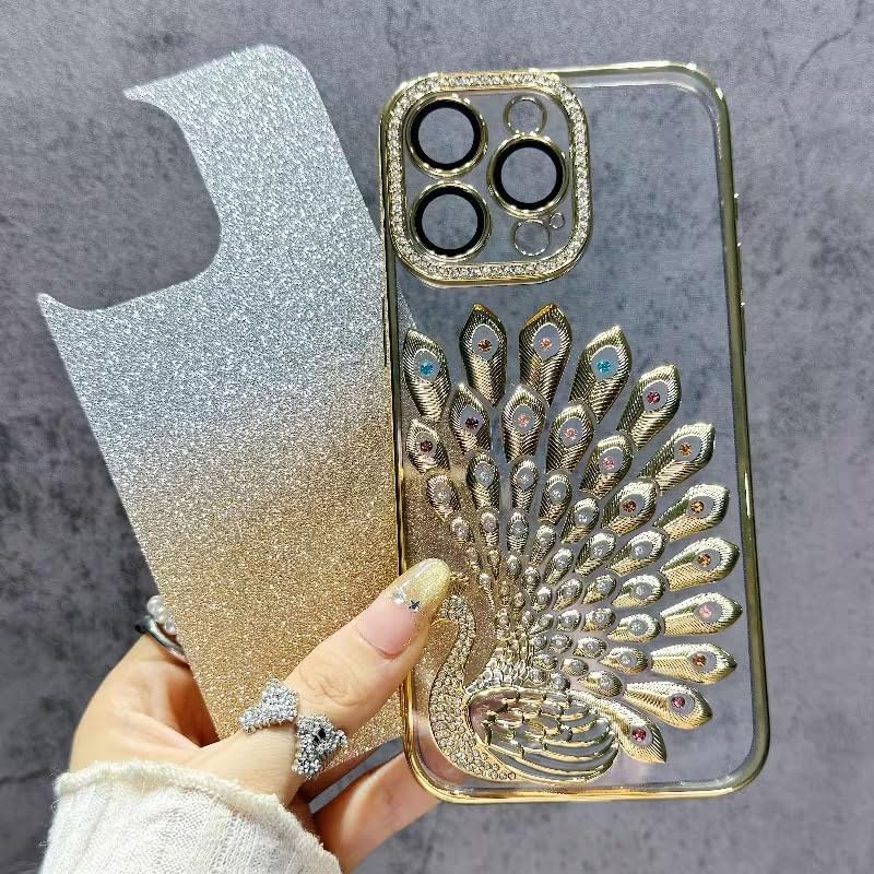 Image of mobistyle Case for iPhone 15 Plus,3D Diamond Luxury Electroplate Glitter Peacock Tail Bling Design Camera Protection Shockproof Phone Case for (Purple, iPhone 15 Plus)