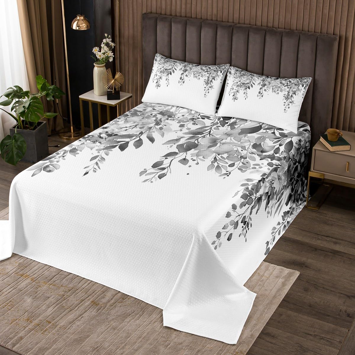 Watercolor Plant Leaves Quilt Set for Kids Teens,Gray Botanical Bedspread Coverlet,Summer Tropical Bed Cover Floral queen quilt Decorative Quilted 2 Piece Coverlet with 1 Pillow Sham,Twin Size