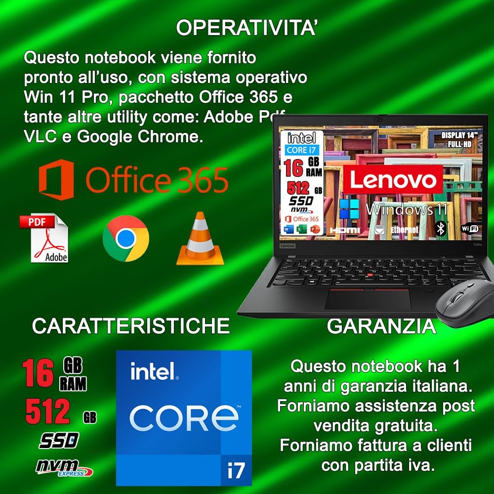 Lenovo Ricondizionato T480s, Pc portatile Intel Core i7-8th Pronto All'Uso office 365, Notebook Con Display HD da 14", Ram 16Gb, SSD nvme 512 GB e con mouse wireless in omaggio!