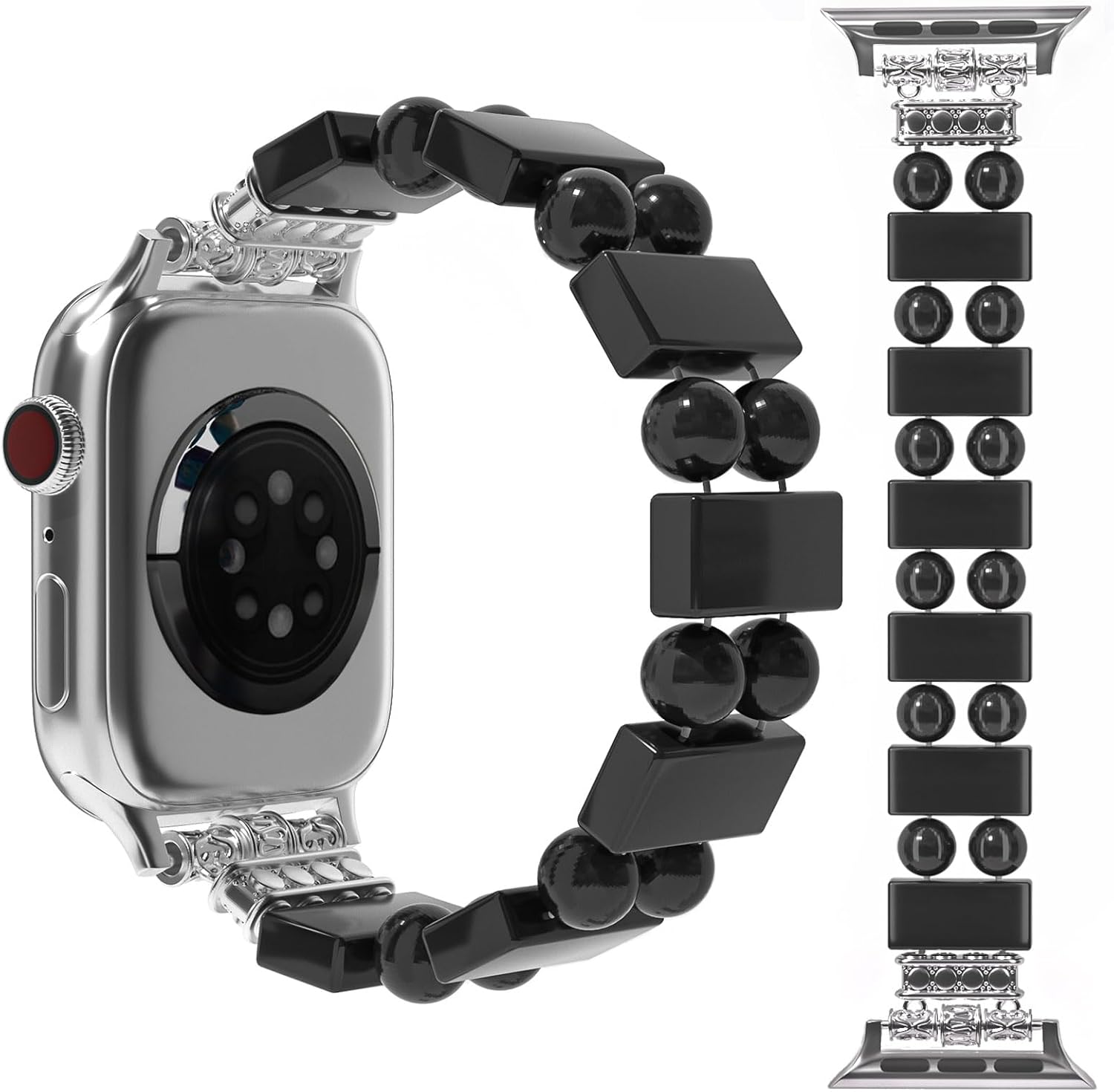 Boho Natural Stone Bracelet Compatible with Apple Watch Band 38mm/40mm/41mm Series 10 9 8 7 SE Women, Handmade Obsidian Stones Elastic Stretch Strap for iWatch Bands Replacement (Black/38S)