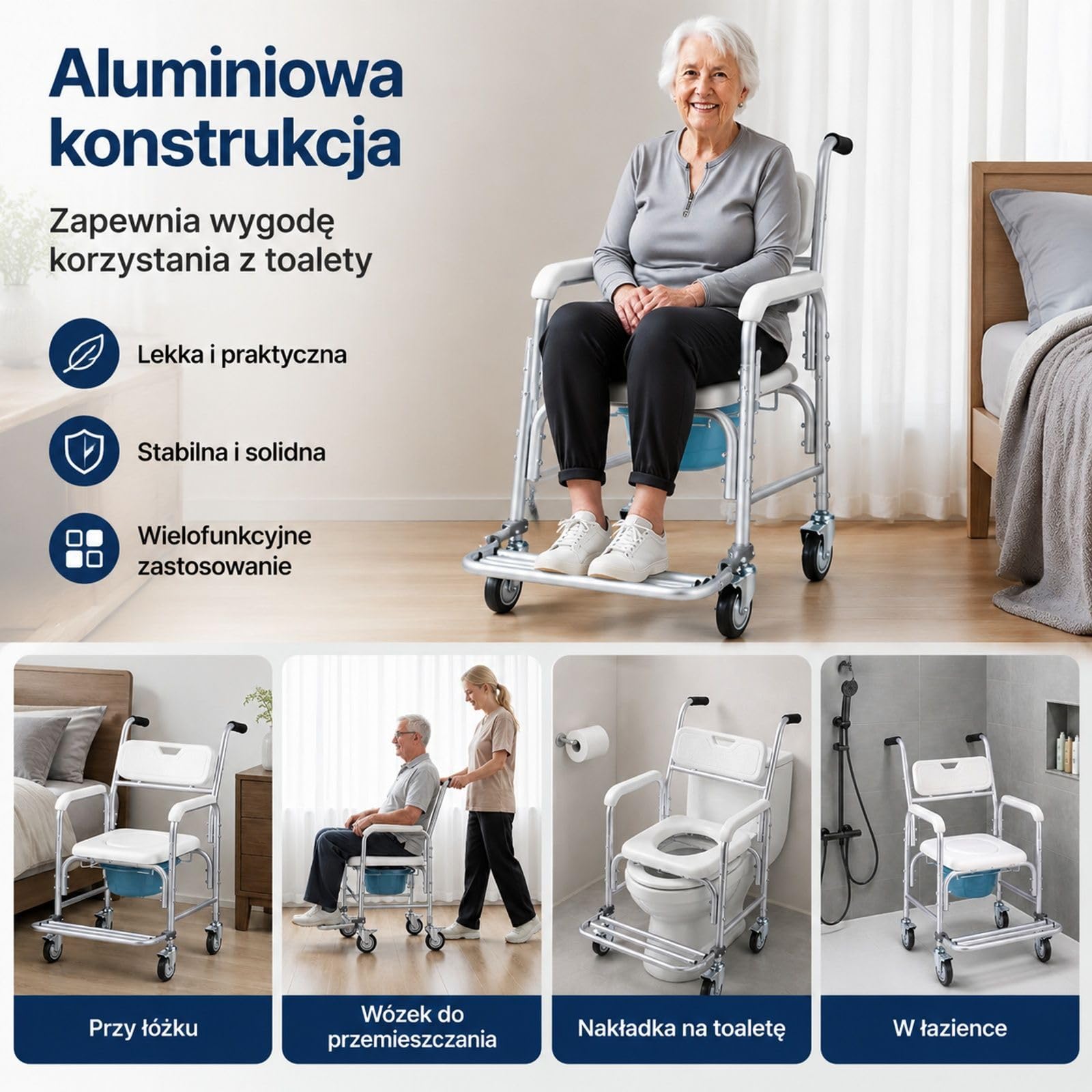 Krzesło toaletowe 4 w 1 na kółkach, wyściełane siedzisko, oparcie, składany podnóżek, wyjmowane wiadro 5 l oraz obrotowe rolki 360° do łazienki