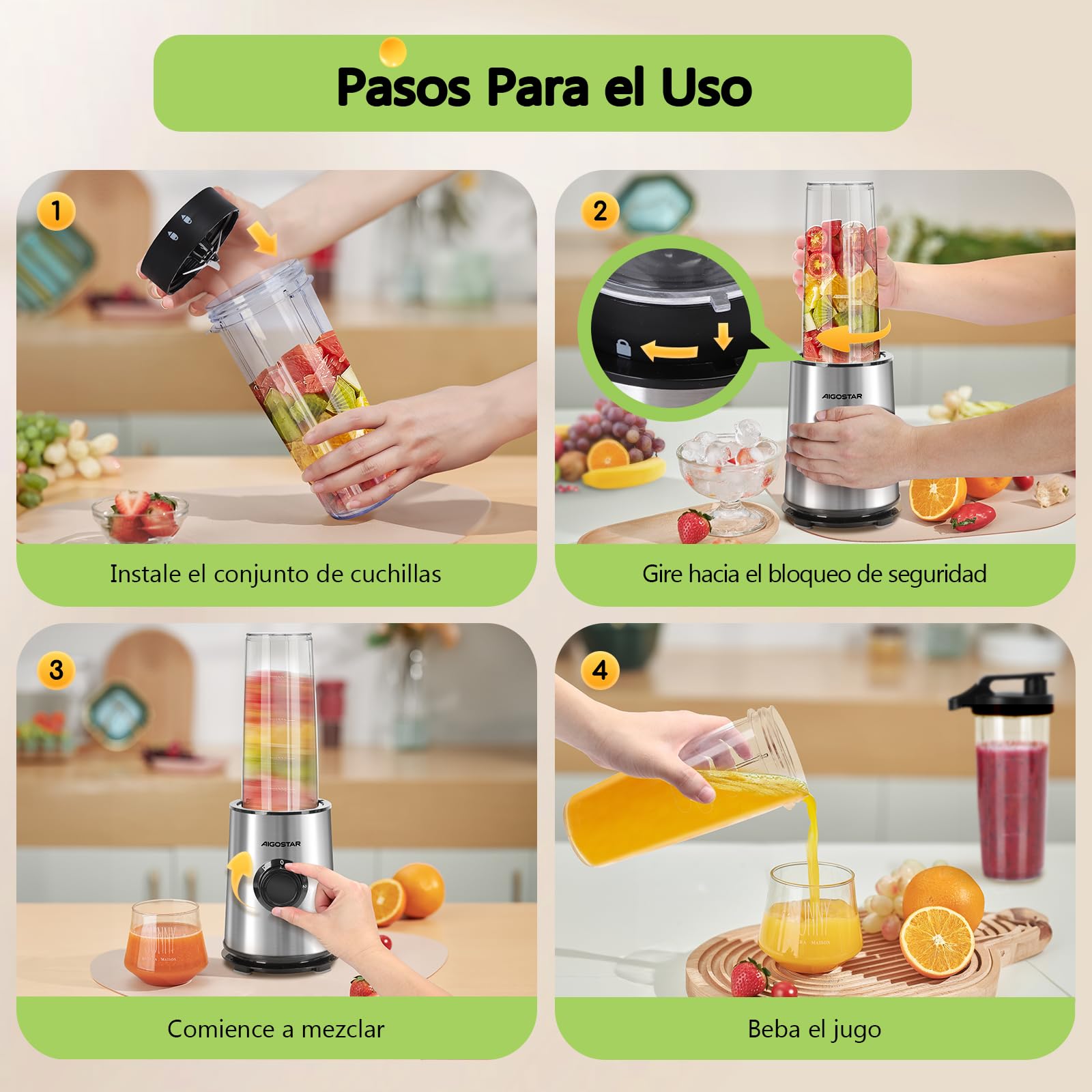 Aigostar Batidora de vaso con dos vasos portátiles de 800ml, 600W potencia. Batidora con vasos de Tritán, libres de BPA, con diseño de acero inoxidable. Perfecta para zumos, batidos y smoothies.