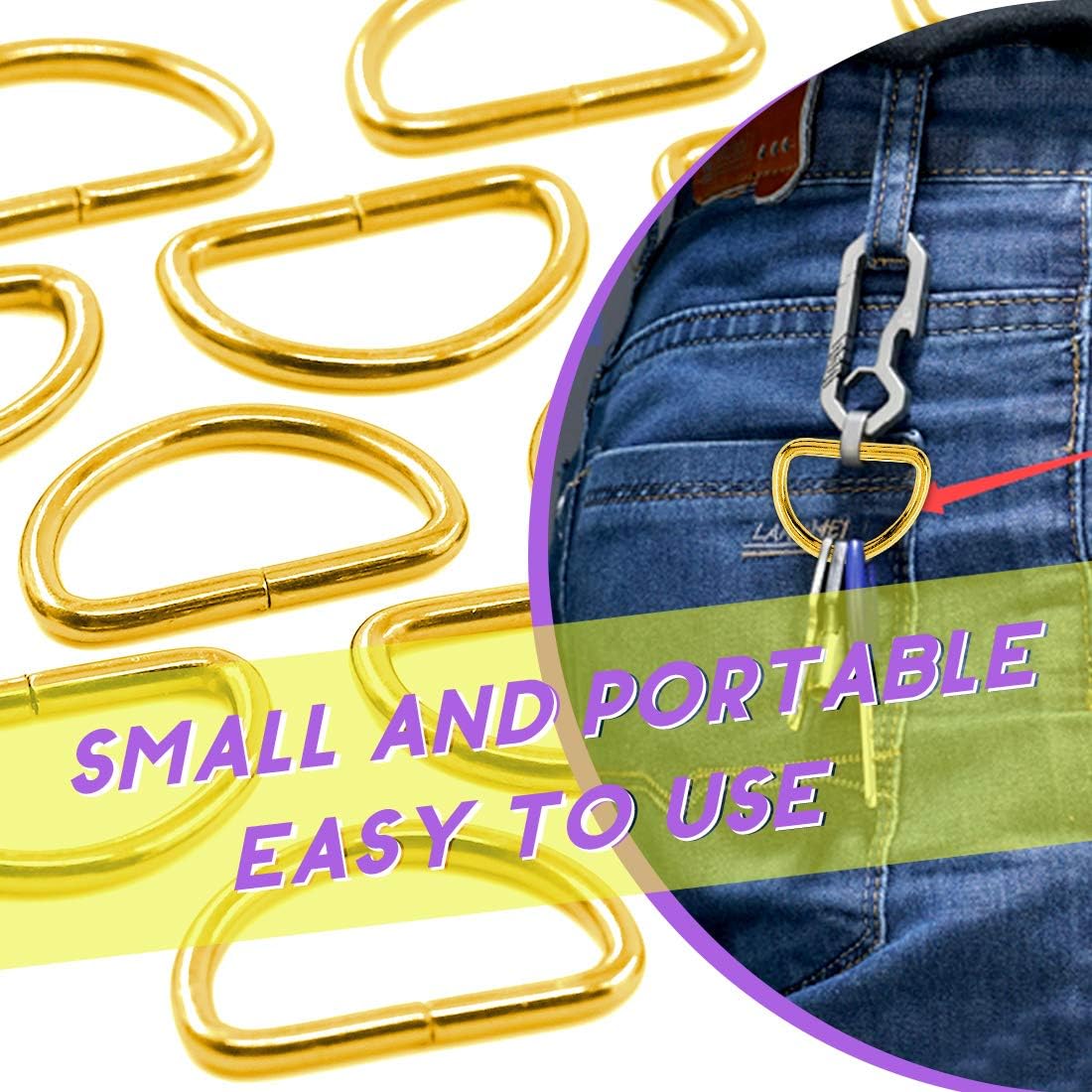 Swpeet 150Pcs 1 Inch / 25mm Gold Heavy Duty Multi-Purpose Metal D Ring Semi-Circular D Ring for Keychains Belts Hardware Bags Hand DIY - Image 6