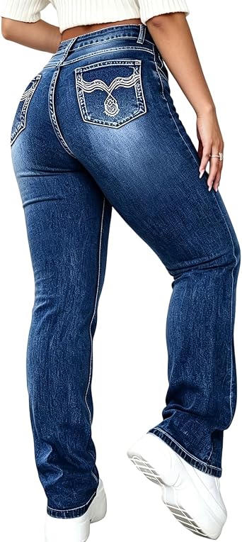 Plus Size Bootcut Jeans Women - Western Flare Jeans with Aztec Embroidered Stretchy Denim Pants Curvy