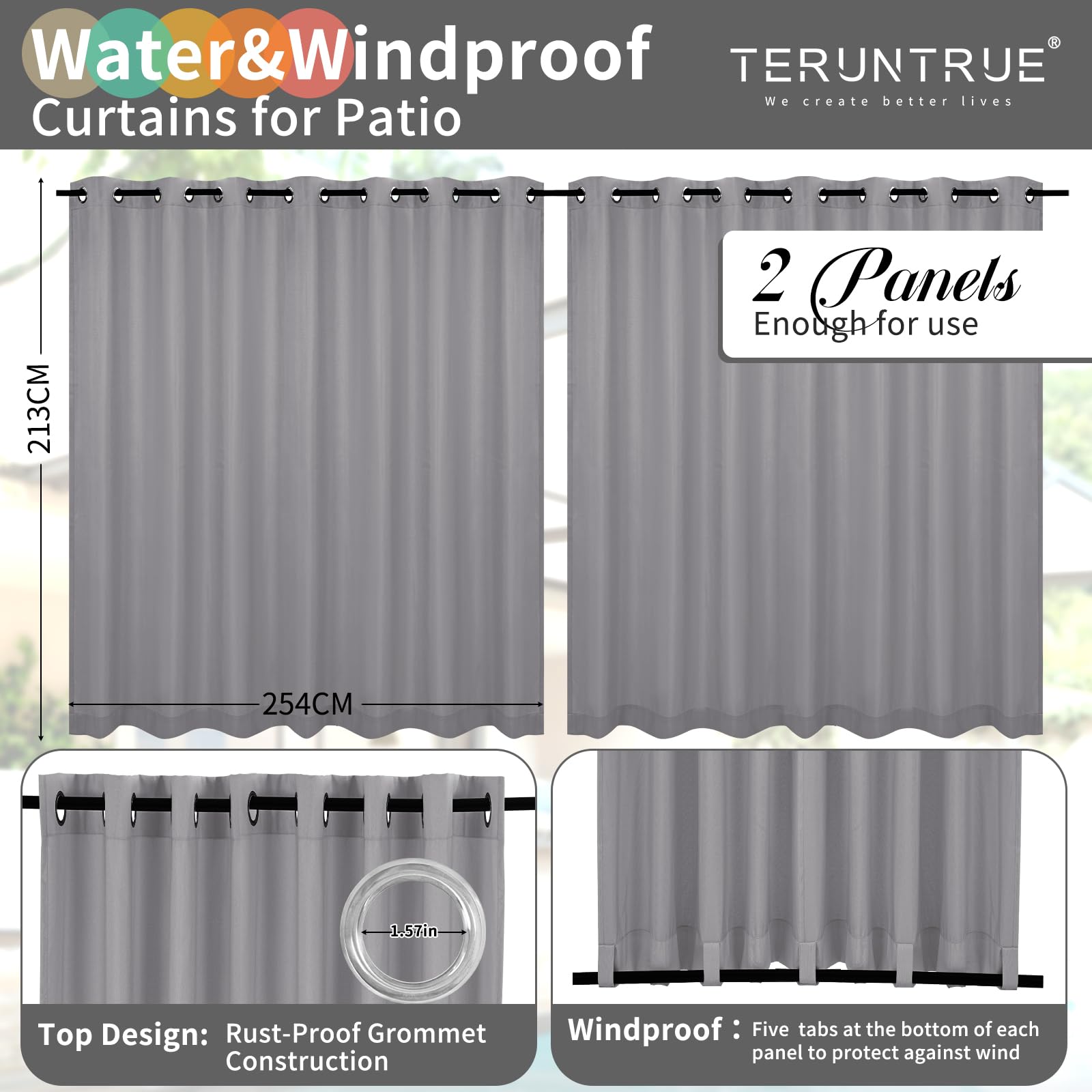 Teruntrue 2 Stücke Outdoor Vorhang Wetterfest mit Ösen, Outdoorvorhänge Balkon Vorhang Terrasse Vorhänge Outdoor Gardinen Sonnenschutz & Sichtschutz Vorhänge mit Schlaufen Unten, H213 x B254 cm, Grau