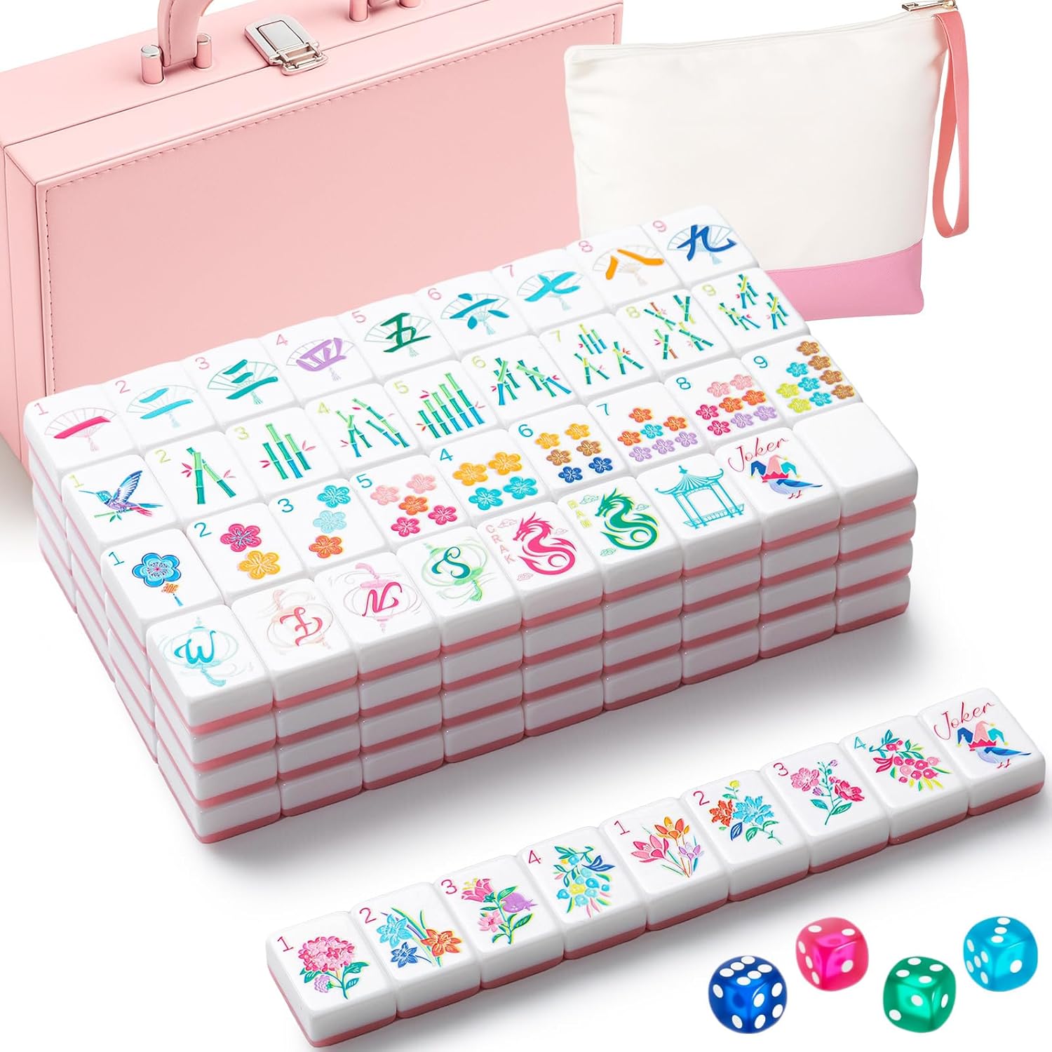 Soulchen 1.2 Inch Acrylic American Mahjong Set 168 Blossom Numbered Tiles, Tiles Bag and Portable Travel Case Classic Complete Mahjong Set for Adult Collection Gift(Pink)