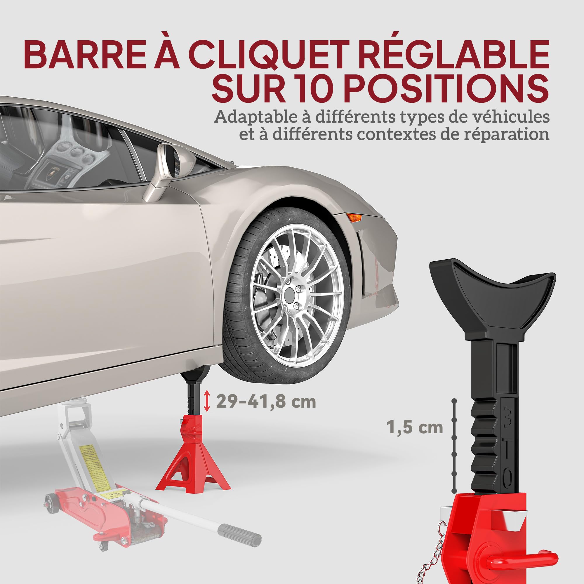 HOMCOM Lot de 2 Chandelles de Levage 3 Tonnes Hauteur Réglable 290-418 mm | Chandelles Voiture, Grande Base, Goupille de Sécurité, pour Véhicule, Caravane, Atelier, Garage, Rouge