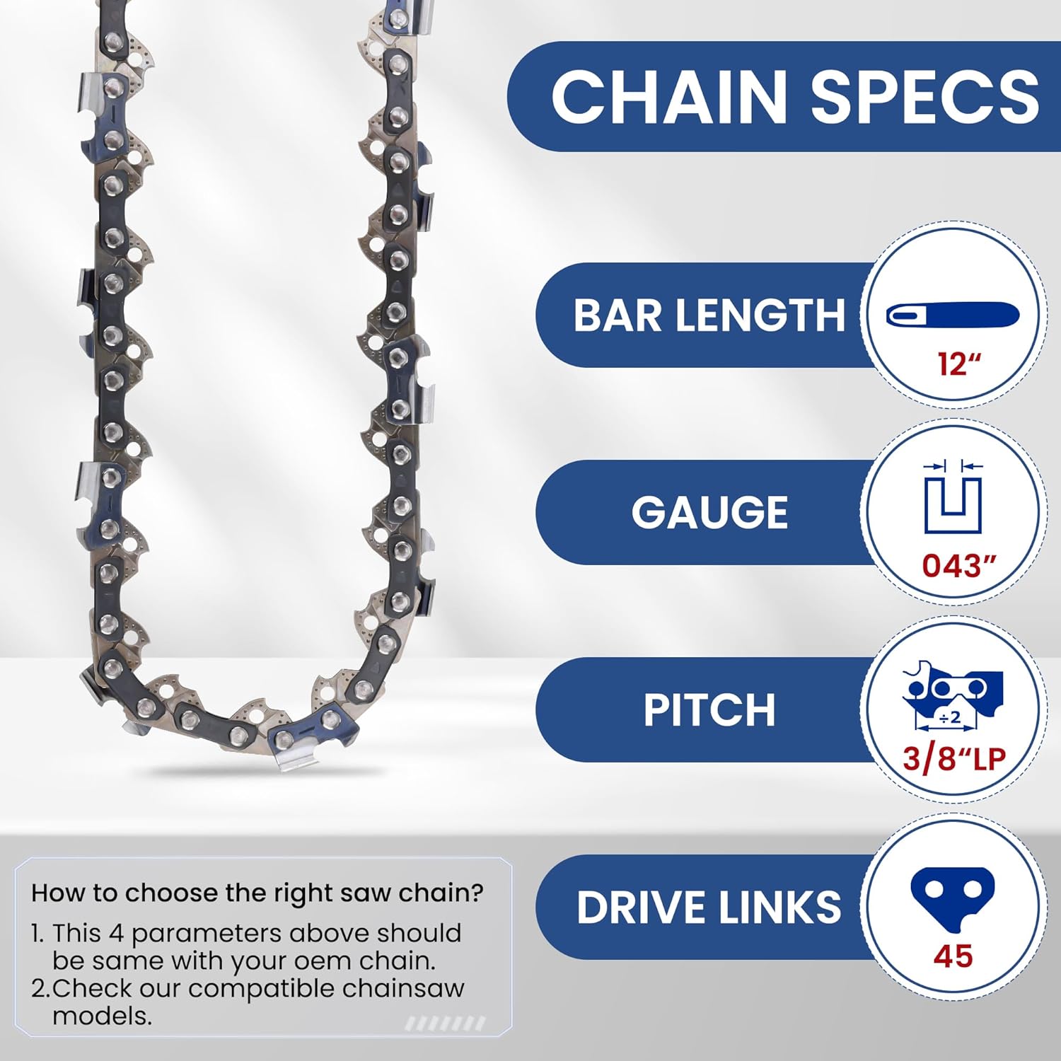 12-Inch Replacement Chainsaw Bar Bundled with 12 Inch Chainsaw Chain,3/8" Pitch, 043" Gauge, 45 Drive Links Fits