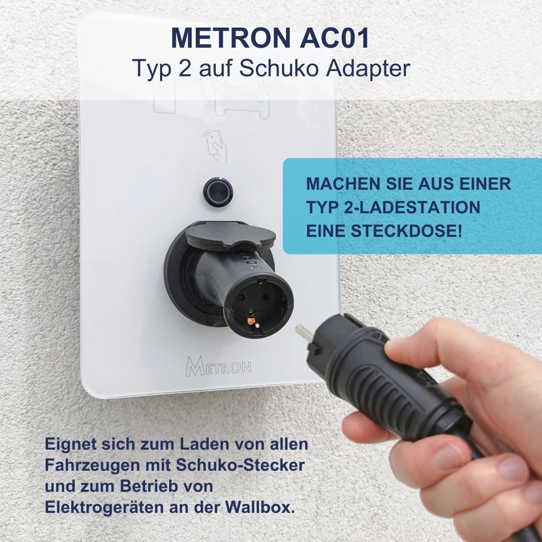 Metron Adattatore AC01 tipo 2 su Schuko affidabile alla stazione di ricarica grazie all'elettronica di avviamento e arresto
