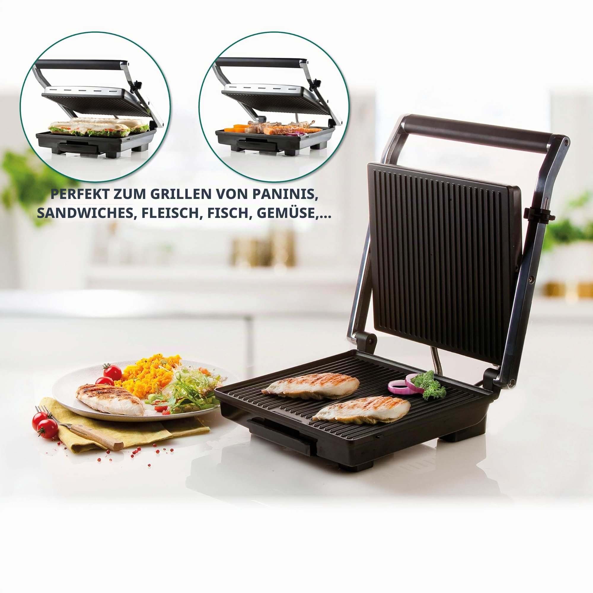 DOMO Kontaktgrill – 2000 W, Panini Grill, Thermostat, Edelstahl