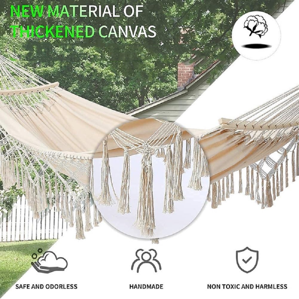 Hamac De Jardin Hamaca Colgante Doble De Algodón con Flecos para Colgar En La Playa O En El Patio Exterior Hamaca Extra Grande 300X150cm (Blanco, MAX Load 300Kg)