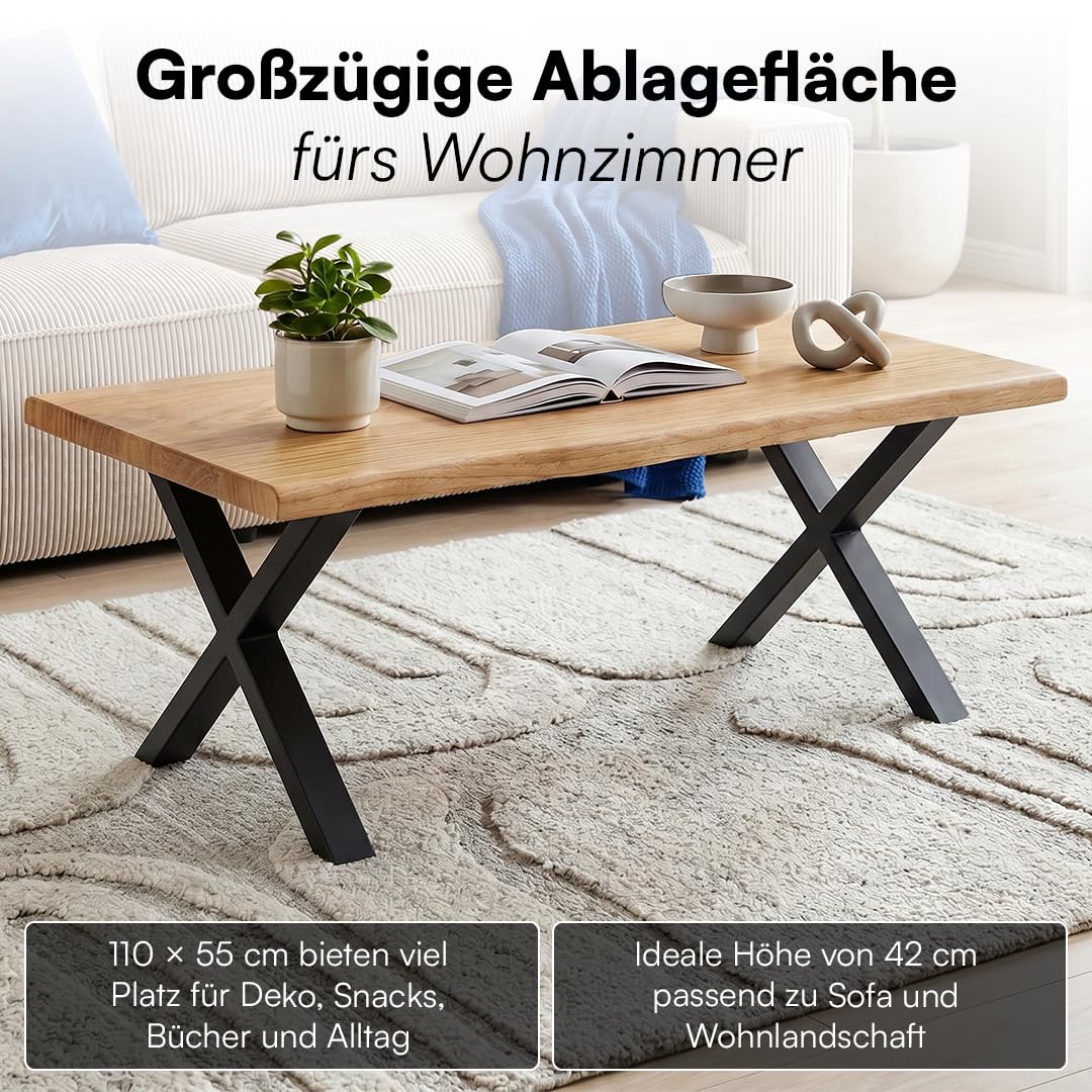 skølm Orm Couchtisch 110x55 cm, Eiche massiv, echte Baumkante, X-Gestell