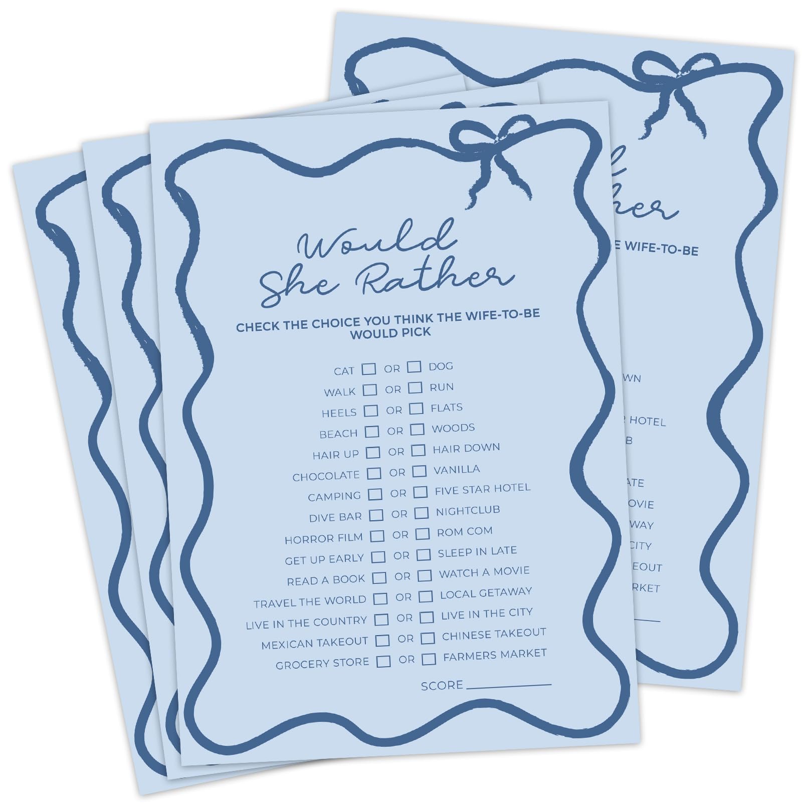 DEEKA 30 PCS Bridal Shower Games Card for 30 Guests Blue Wavy Border Ribbon Bow Funny Wedding Bachelorette Party Games for Reception (Would She Rather