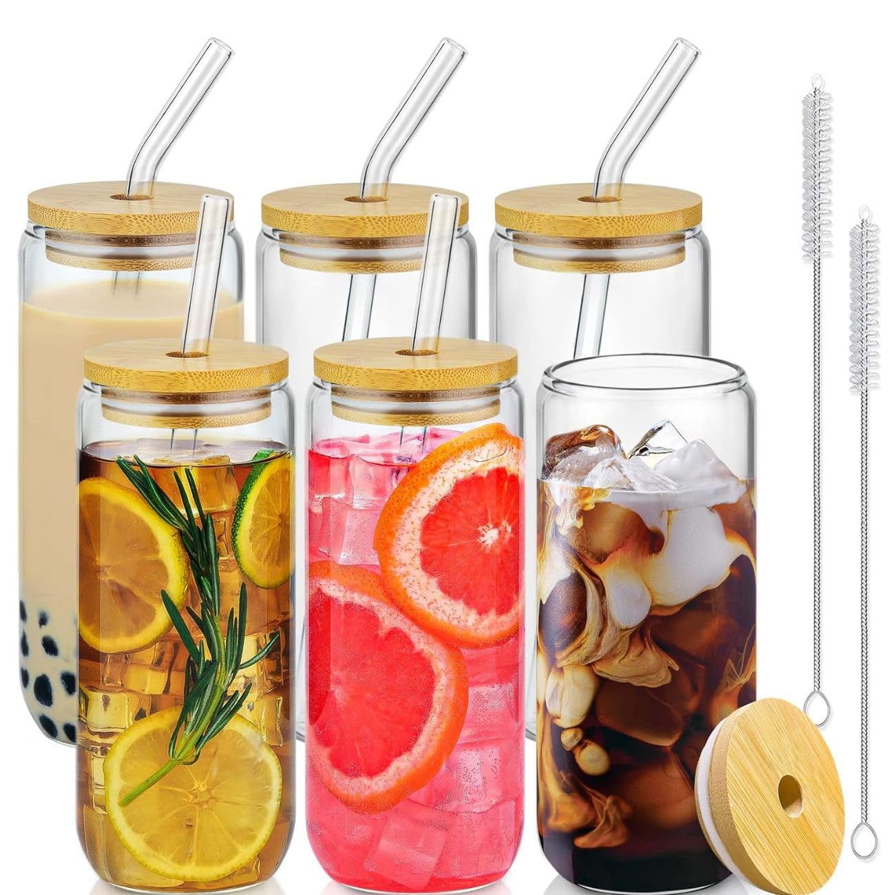 U Chef Juego de 6 Vasos de Vidrio 20 Oz (591 ml) con Tapas de Bambú y Popotes de Vidrio, Vasos de Cristal Reutilizables para Café Helado, Cerveza y Bebidas Frías, Incluye Cepillos de Limpieza