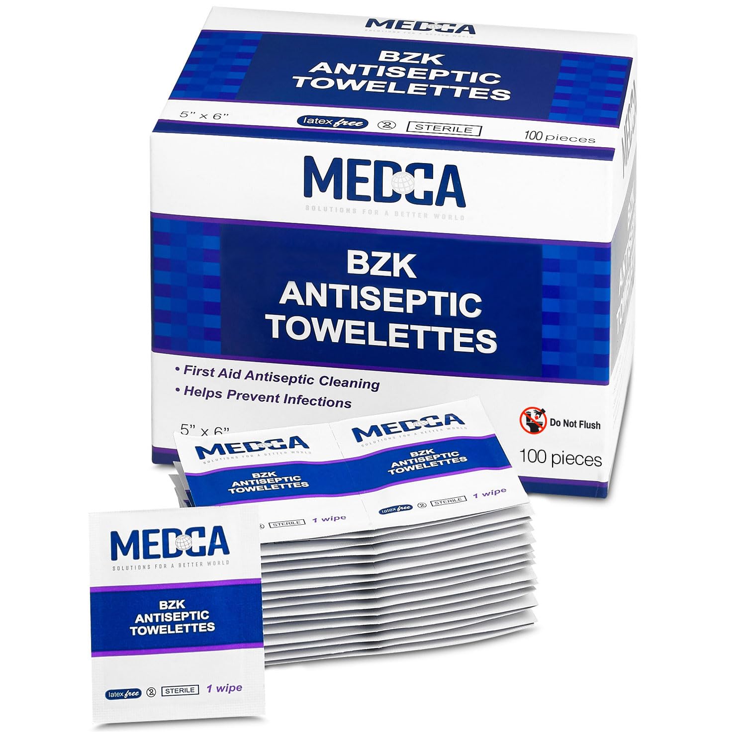 MEDca BZK Hand Wipes (100 Pack) - Individual Benzalkonium Chloride Antiseptic Wipes, TSA Approved, Alcohol-Free for Travel & First Aid