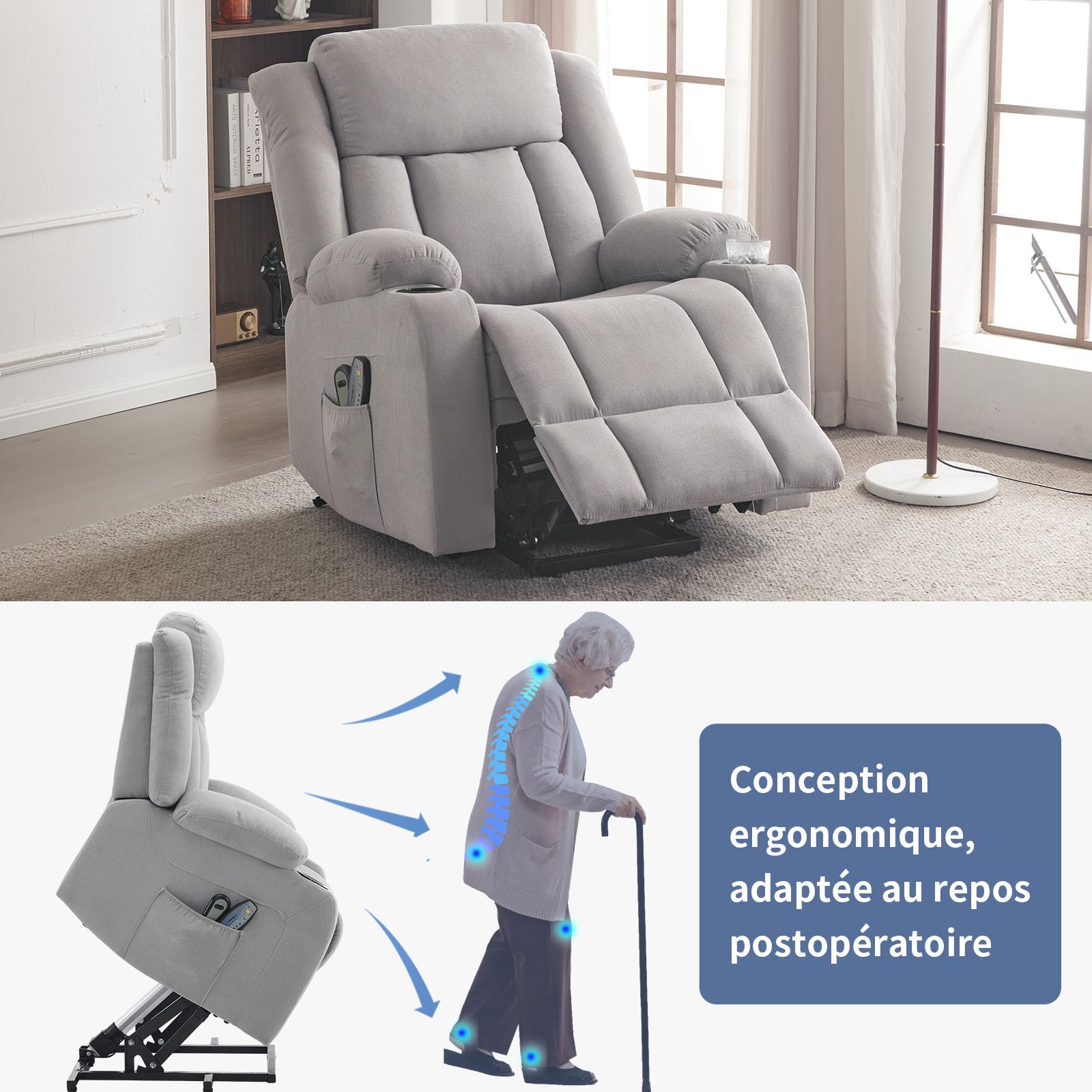 LEADZM - Silla elevadora eléctrica, silla de relax eléctrica, con función de masaje y calor, inclinación ajustable, sillón relajante con reposapiés, mandos a distancia