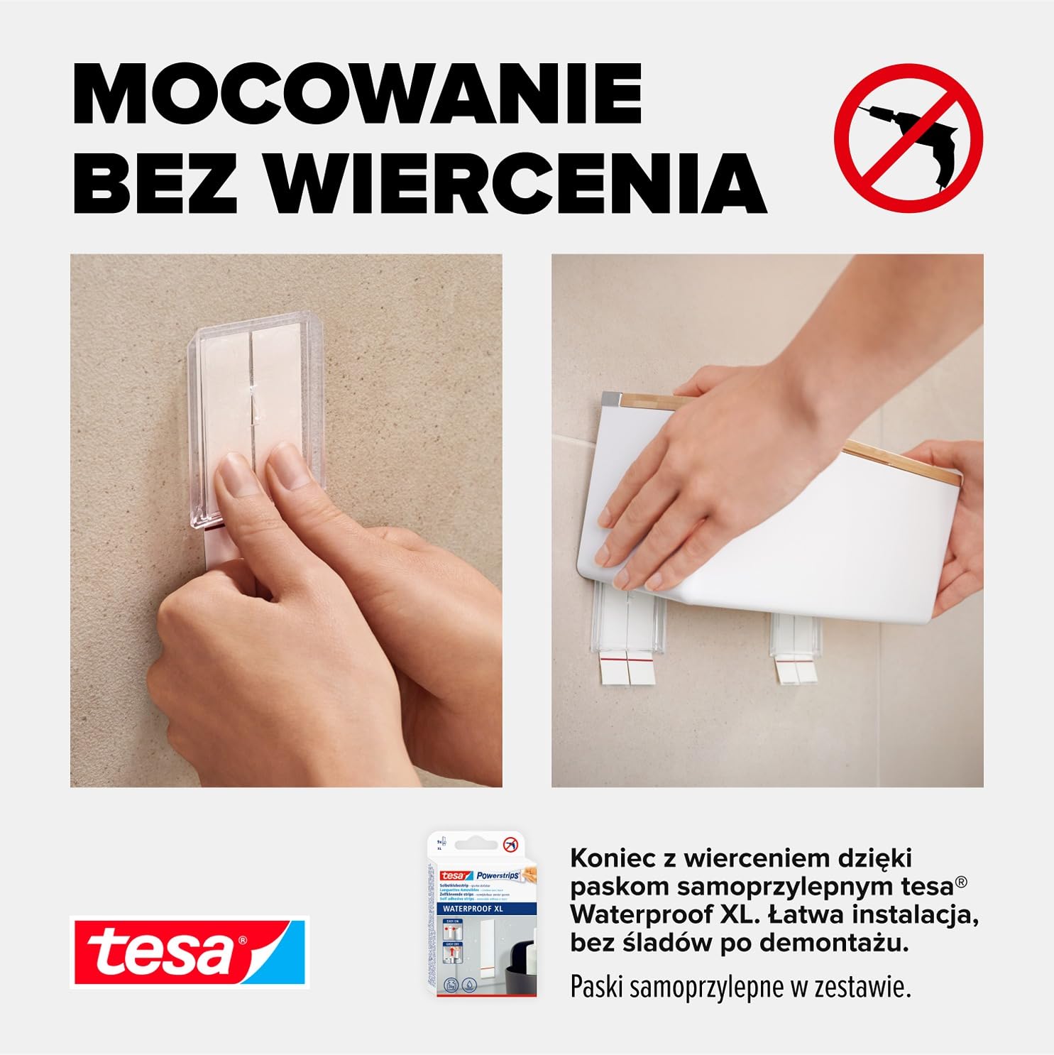 tesa Baboo Organizer Łazienkowy L z Bambusową Pokrywą, Matowy Biały, Pojemnik do Łazienki, Montaż bez Wiercenia, Plastry Montażowe tesa Powerstrips Waterproof XL, 182 mm x 210 mm x 102 mm