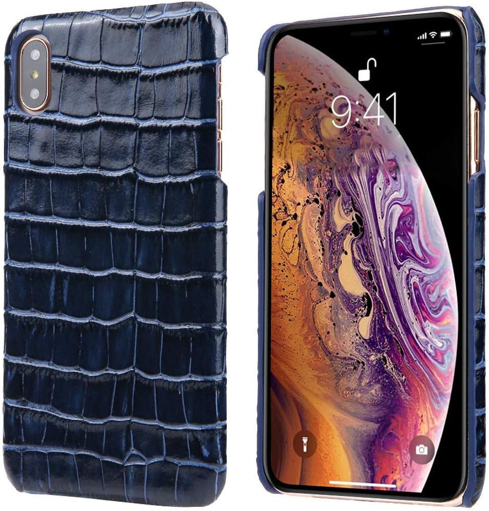 Reginn Wireless Charging Compatible Slim Fit Genuine Leather Case for iPhone Xs Max (Crocodile Pattern, Blue)