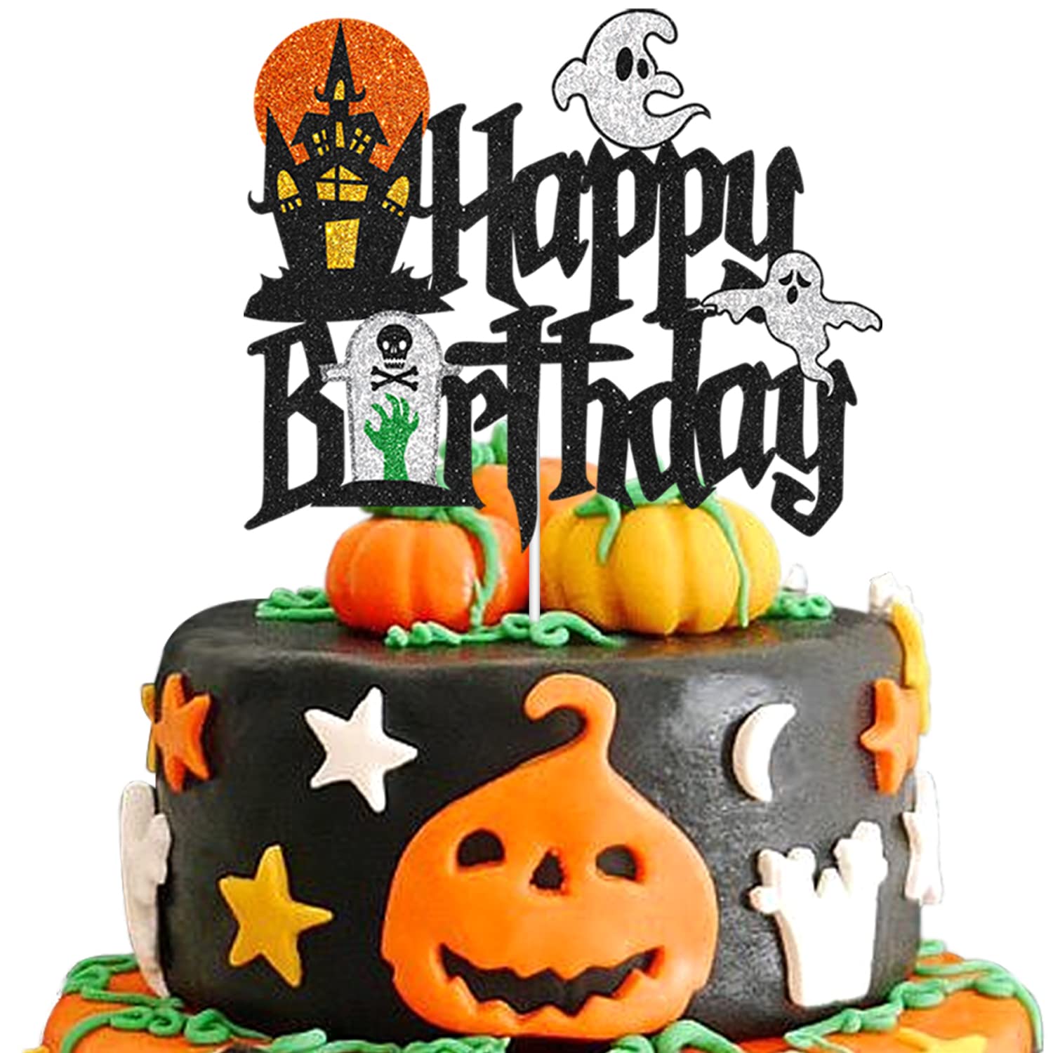 Décoration De Gâteau D'anniversaire Noire à Paillettes Pour Halloween, Fête D'anniversaire Sur Le Thème D'Halloween